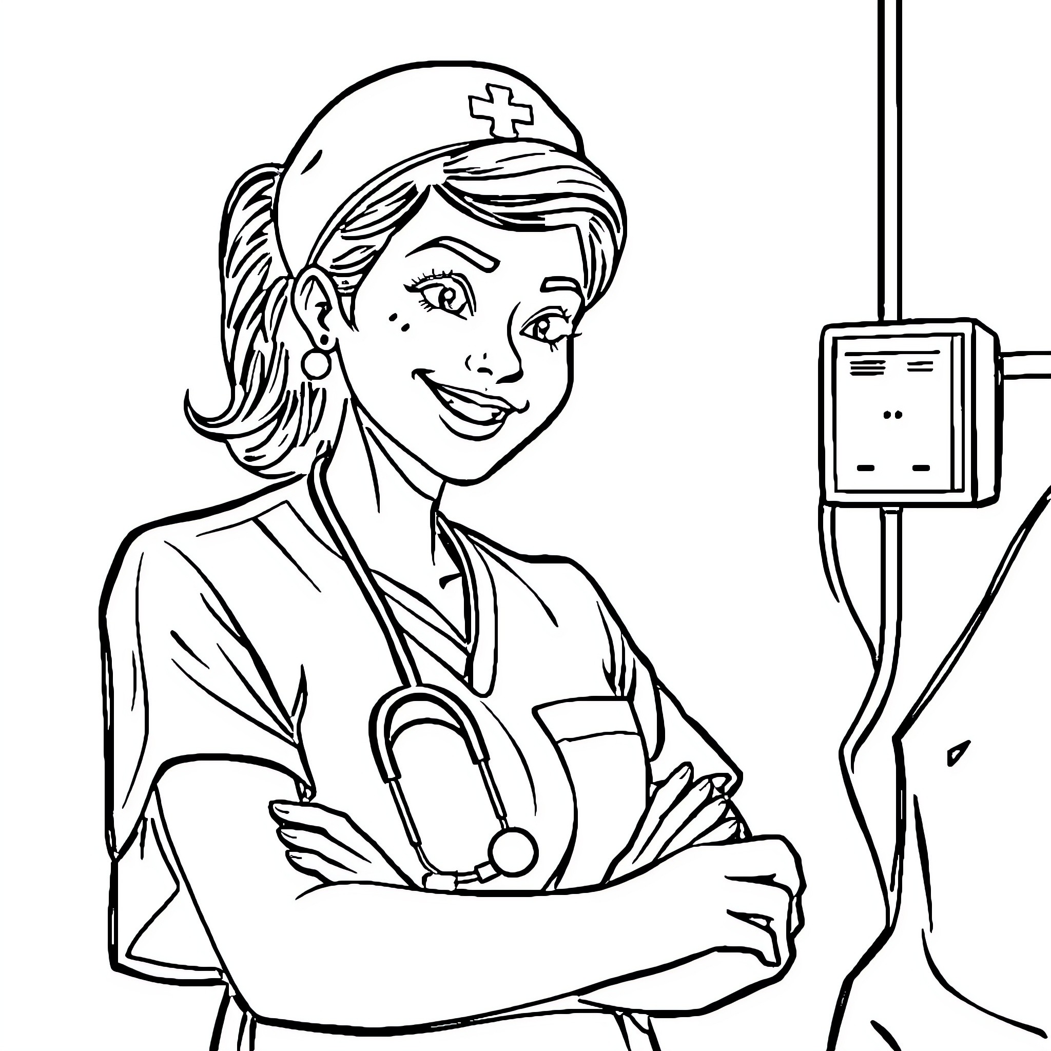 Nurse in hospital setting assisting patients Coloring Page (free black-and-white line drawing printable PDF for all, from beginners to advanced learners, including children, teens, adults, and seniors)