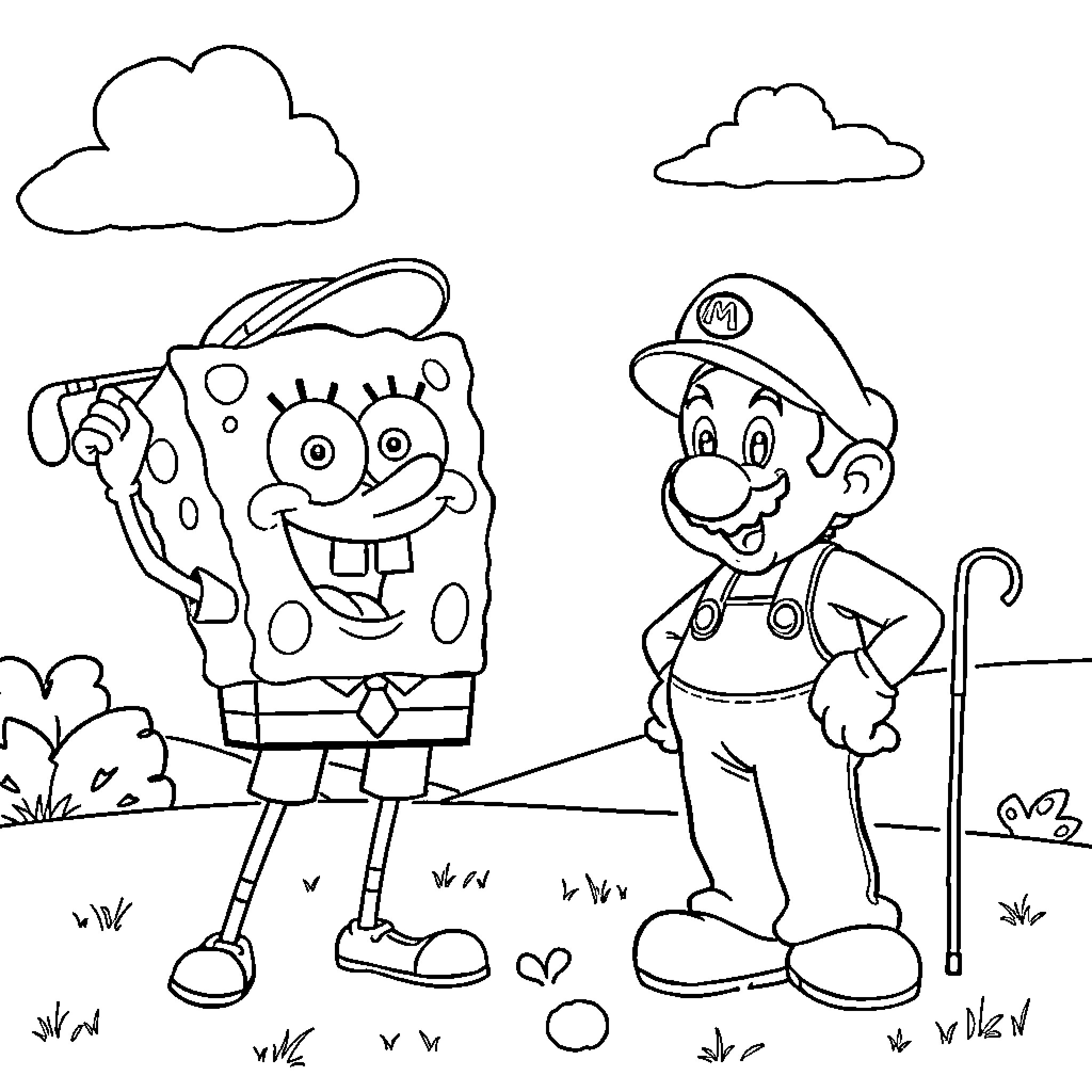 Spongebob and Plumber Friend in Cartoon Landscape Coloring Page (free black-and-white line drawing printable PDF for all, from beginners to advanced learners, including children, teens, adults, and seniors)