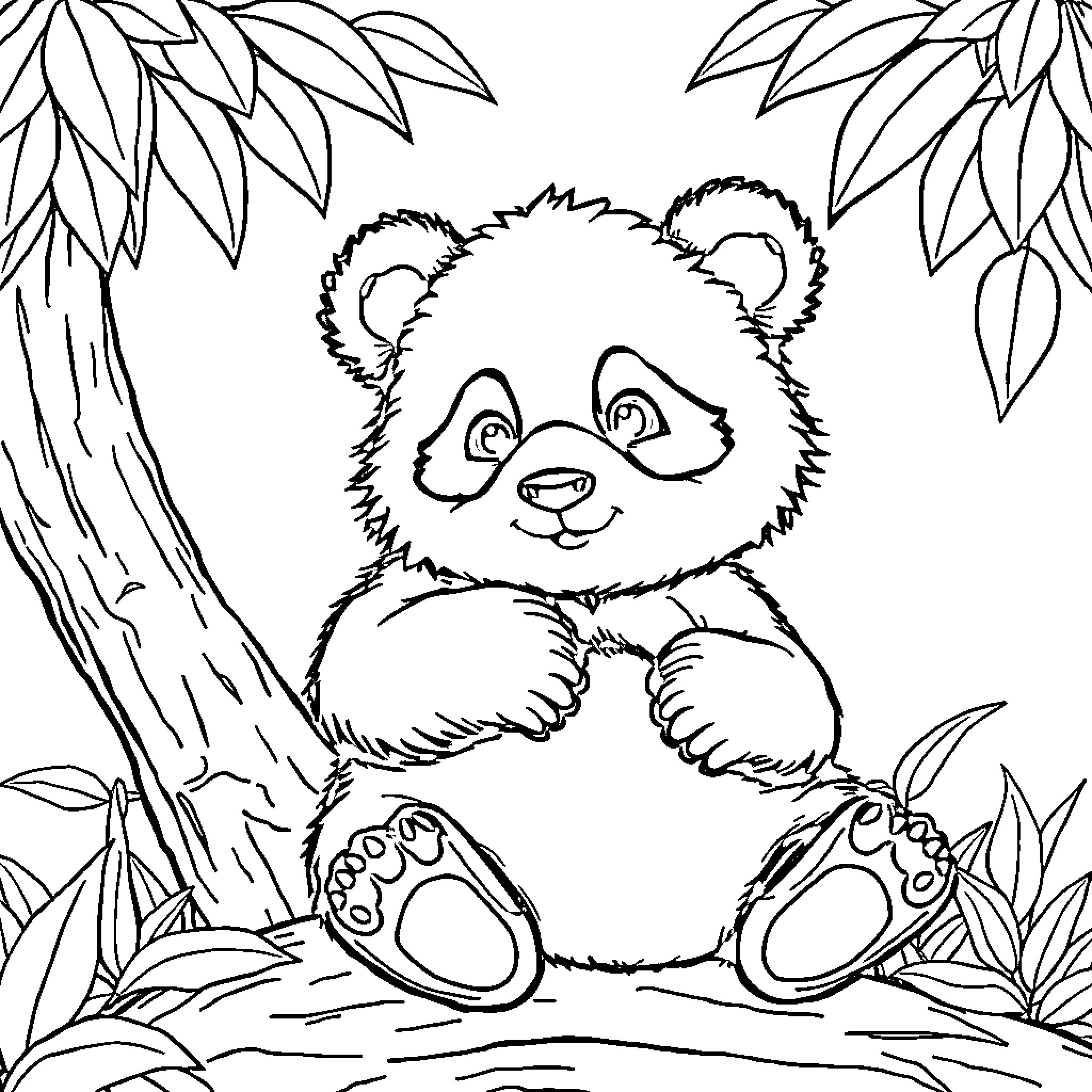 Panda enjoying the forest scenery Coloring Page (free black-and-white line drawing printable PDF for all, from beginners to advanced learners, including children, teens, adults, and seniors)