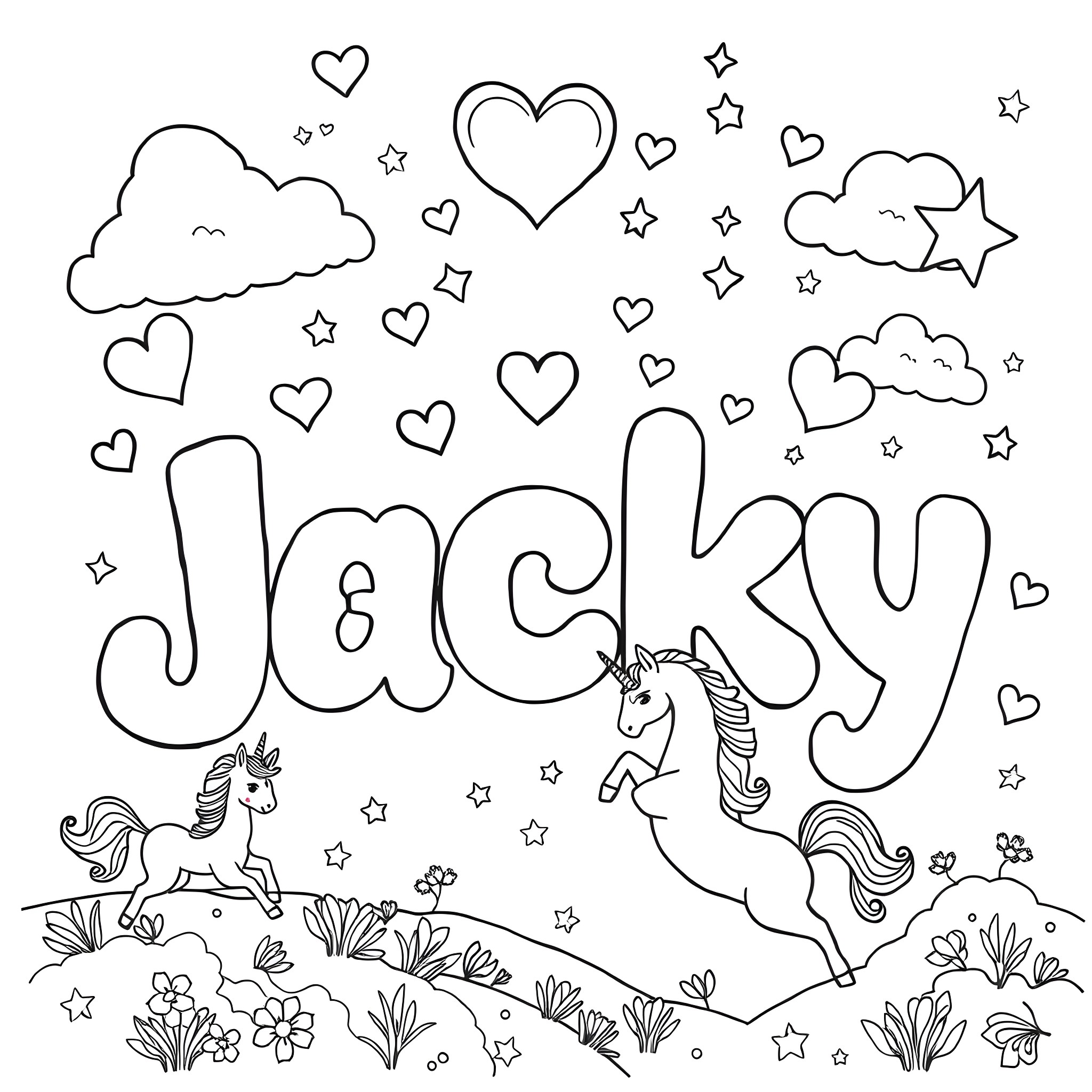 Jacky's unicorn adventure in a magical field Coloring Page (free black-and-white line drawing printable PDF for all, from beginners to advanced learners, including children, teens, adults, and seniors)