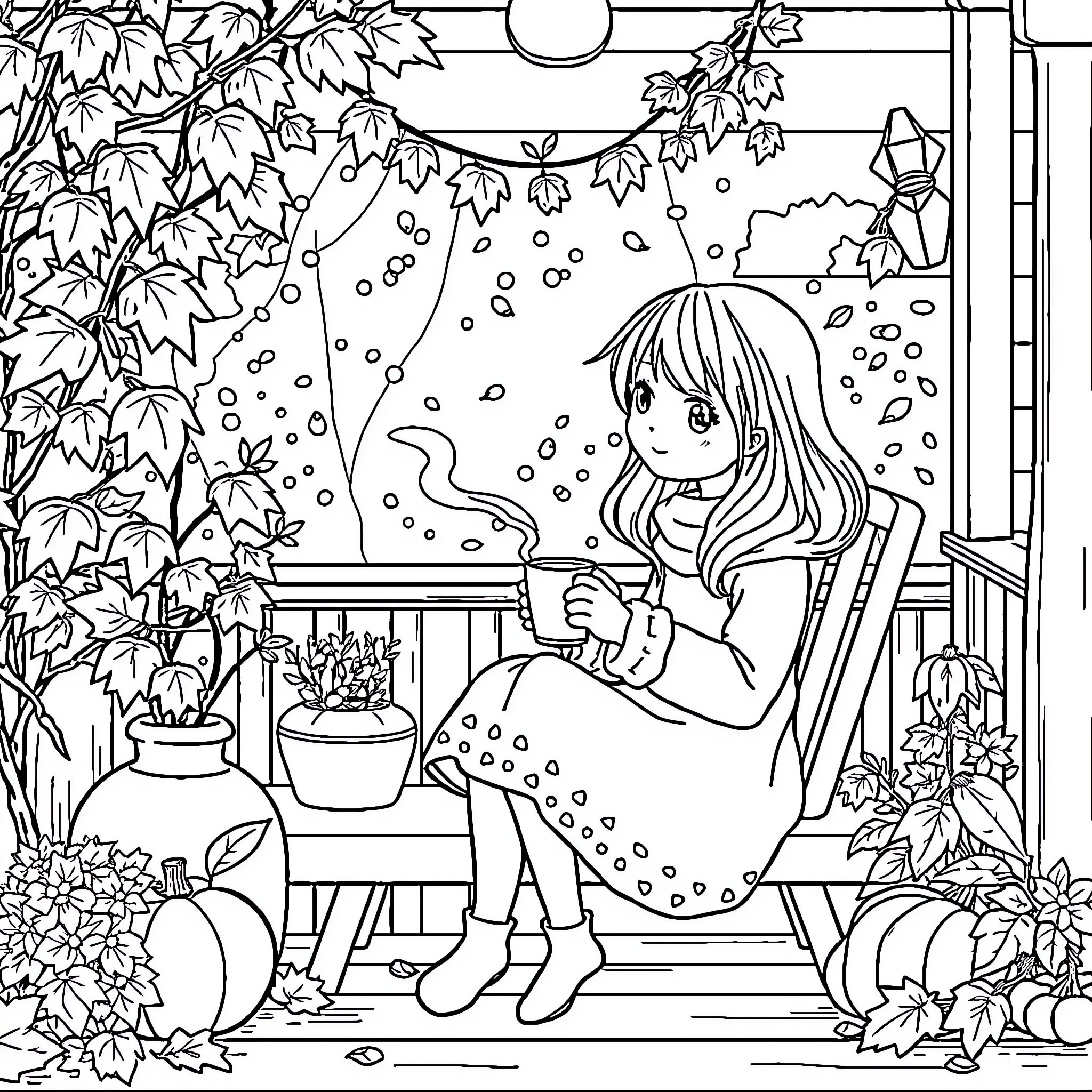Girl enjoying a rainy day by the window Coloring Page (free black-and-white line drawing printable PDF for all, from beginners to advanced learners, including children, teens, adults, and seniors)