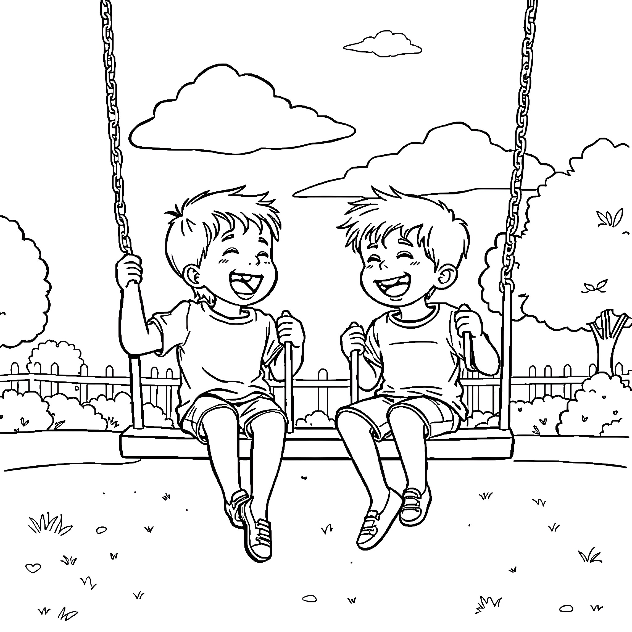 Boys enjoying playtime on swings in the park Coloring Page (free black-and-white line drawing printable PDF for all, from beginners to advanced learners, including children, teens, adults, and seniors)