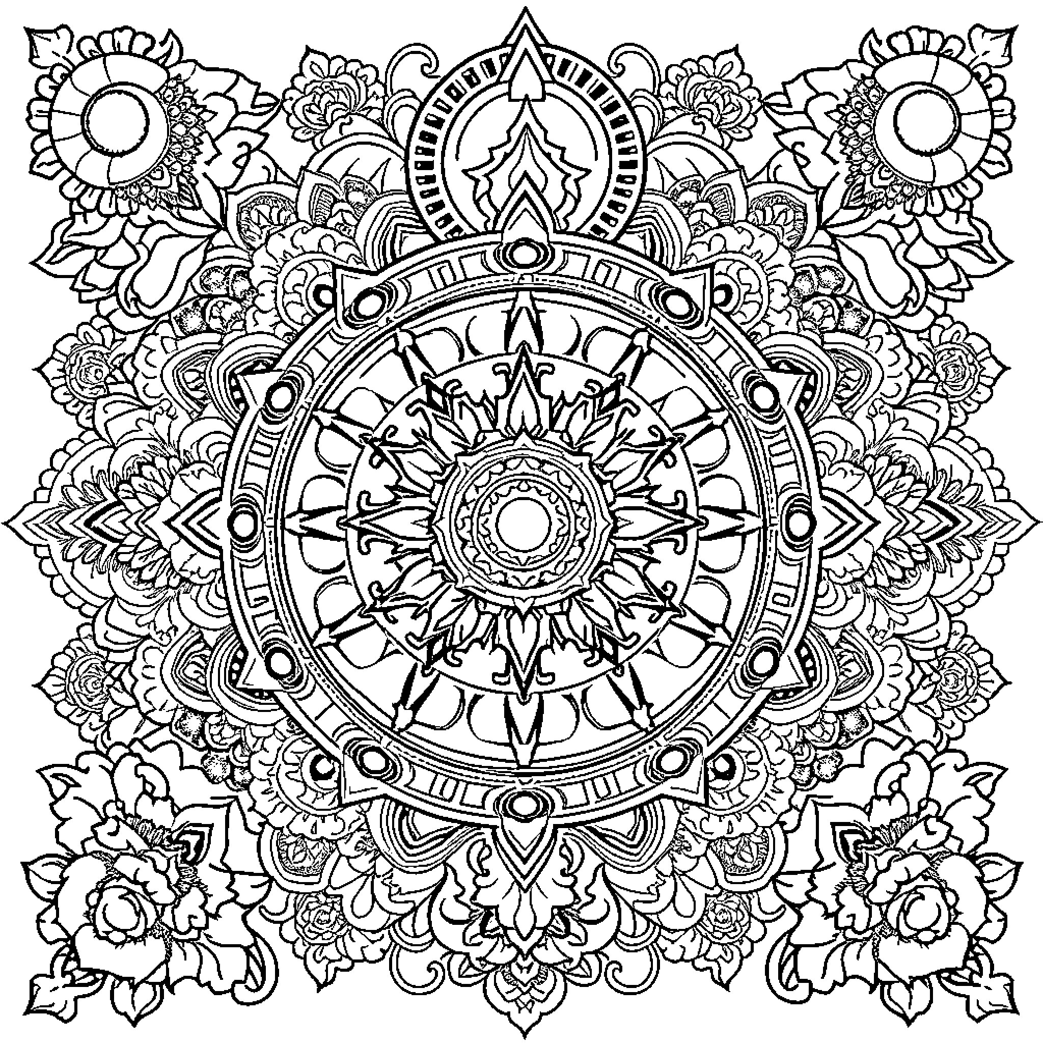 Dharmachakra: Intricate Mandala Design with Floral Patterns Coloring Page (free black-and-white line drawing printable PDF for all, from beginners to advanced learners, including children, teens, adults, and seniors)