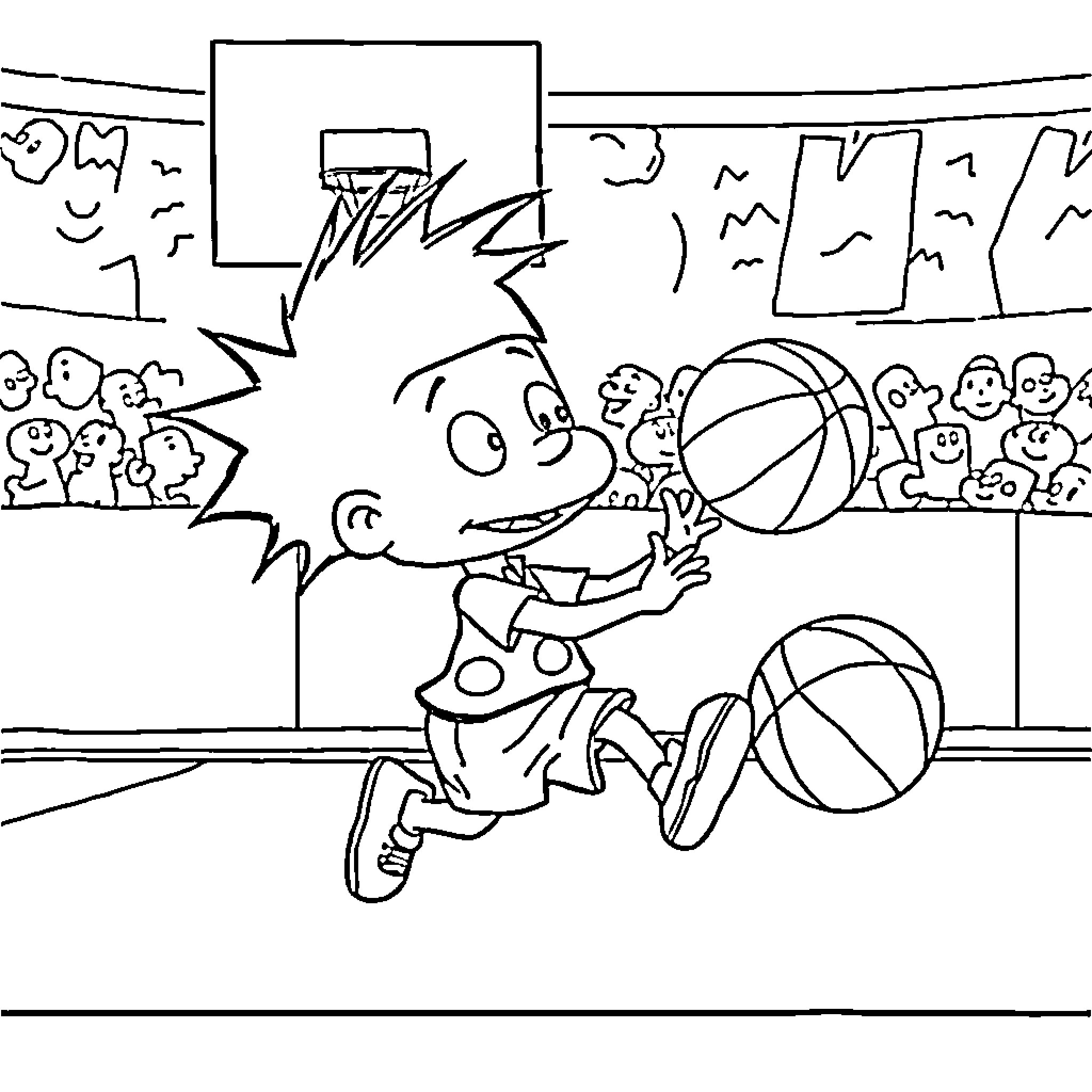 Tommy Plays Basketball with Friends on the Court Coloring Page (free black-and-white line drawing printable PDF for all, from beginners to advanced learners, including children, teens, adults, and seniors)