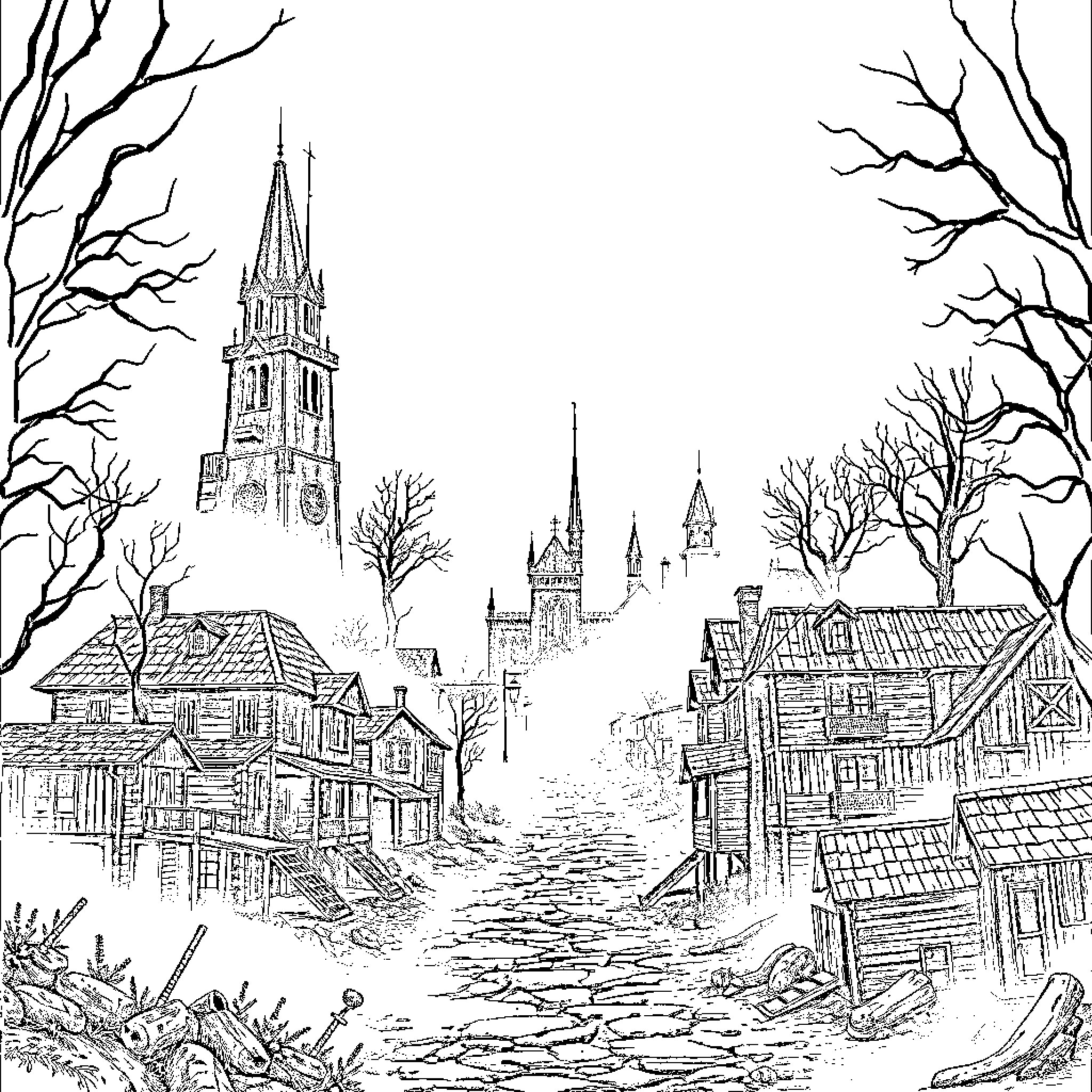 Silent Hill: Haunting Abandoned Town in Eerie Winter Landscape Coloring Page (free black-and-white line drawing printable PDF for all, from beginners to advanced learners, including children, teens, adults, and seniors)