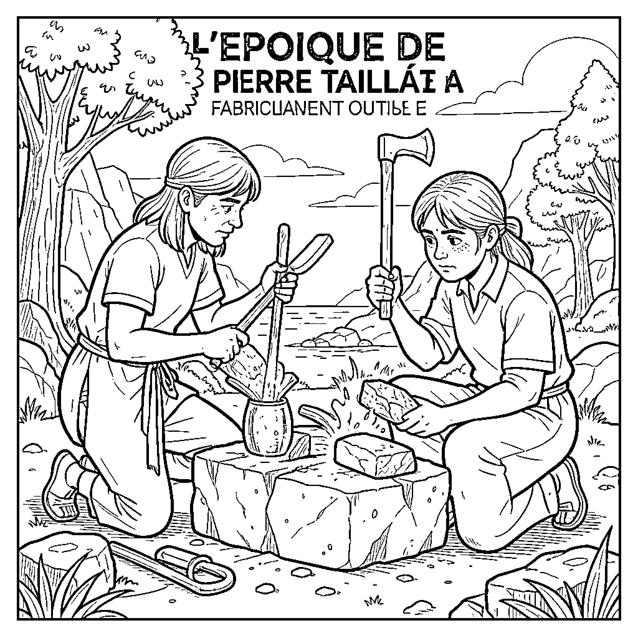 Stone Age people crafting tools in nature Coloring Page (free black-and-white line drawing printable PDF for all, from beginners to advanced learners, including children, teens, adults, and seniors)