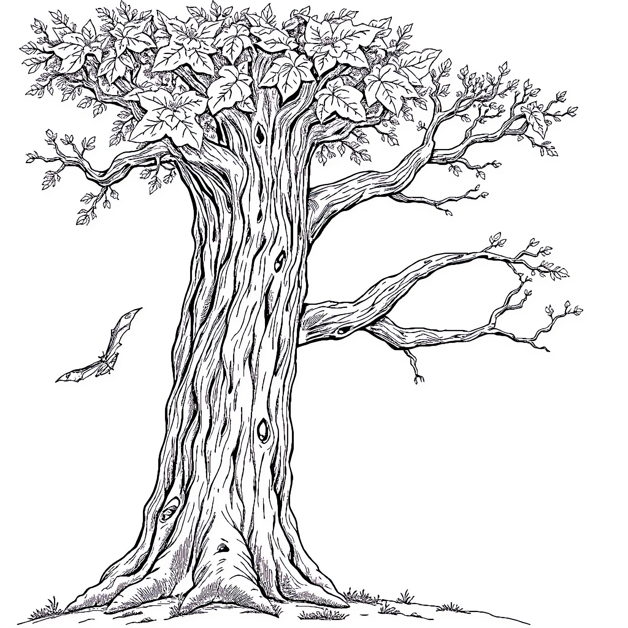 Tree Creature with Detailed Branches and Leaves Coloring Page (free black-and-white line drawing printable PDF for all, from beginners to advanced learners, including children, teens, adults, and seniors)