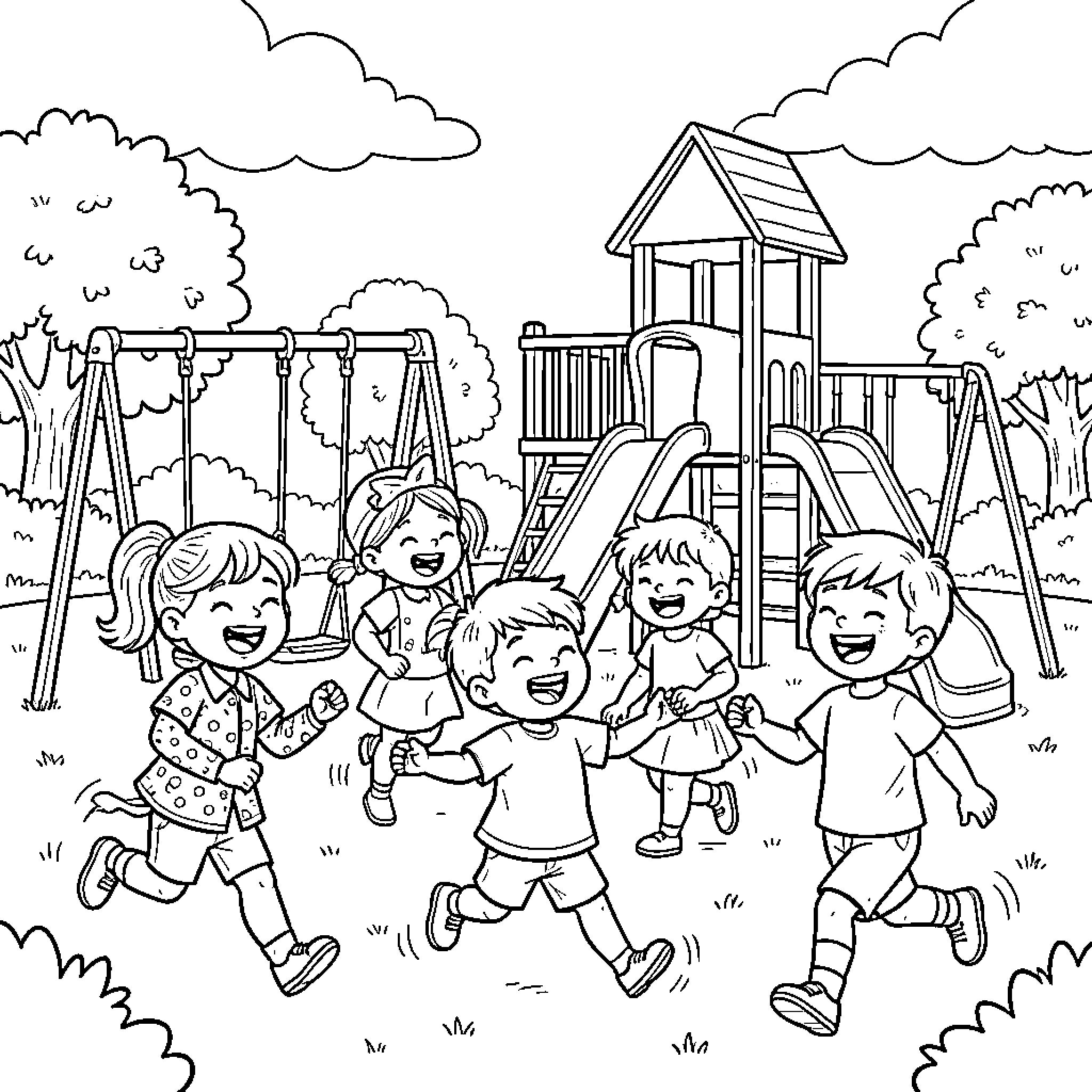 Kid friends running and laughing joyfully in playground Coloring Page (free black-and-white line drawing printable PDF for all, from beginners to advanced learners, including children, teens, adults, and seniors)