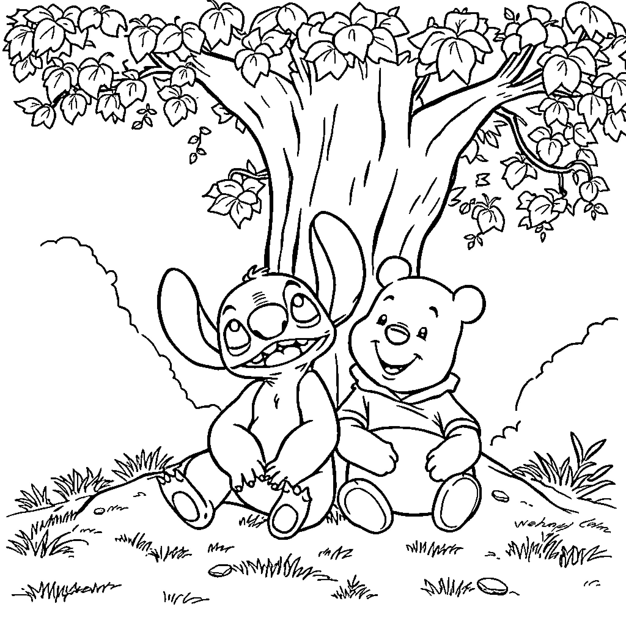 Stitch and Teddy Bear in Peaceful Forest Coloring Page (free black-and-white line drawing printable PDF for all, from beginners to advanced learners, including children, teens, adults, and seniors)