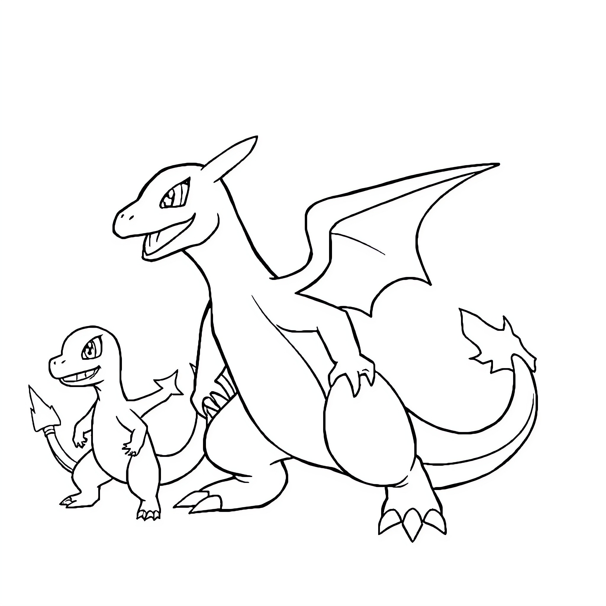 Charizard and Charmander playing together Coloring Page (free black-and-white line drawing printable PDF for all, from beginners to advanced learners, including children, teens, adults, and seniors)
