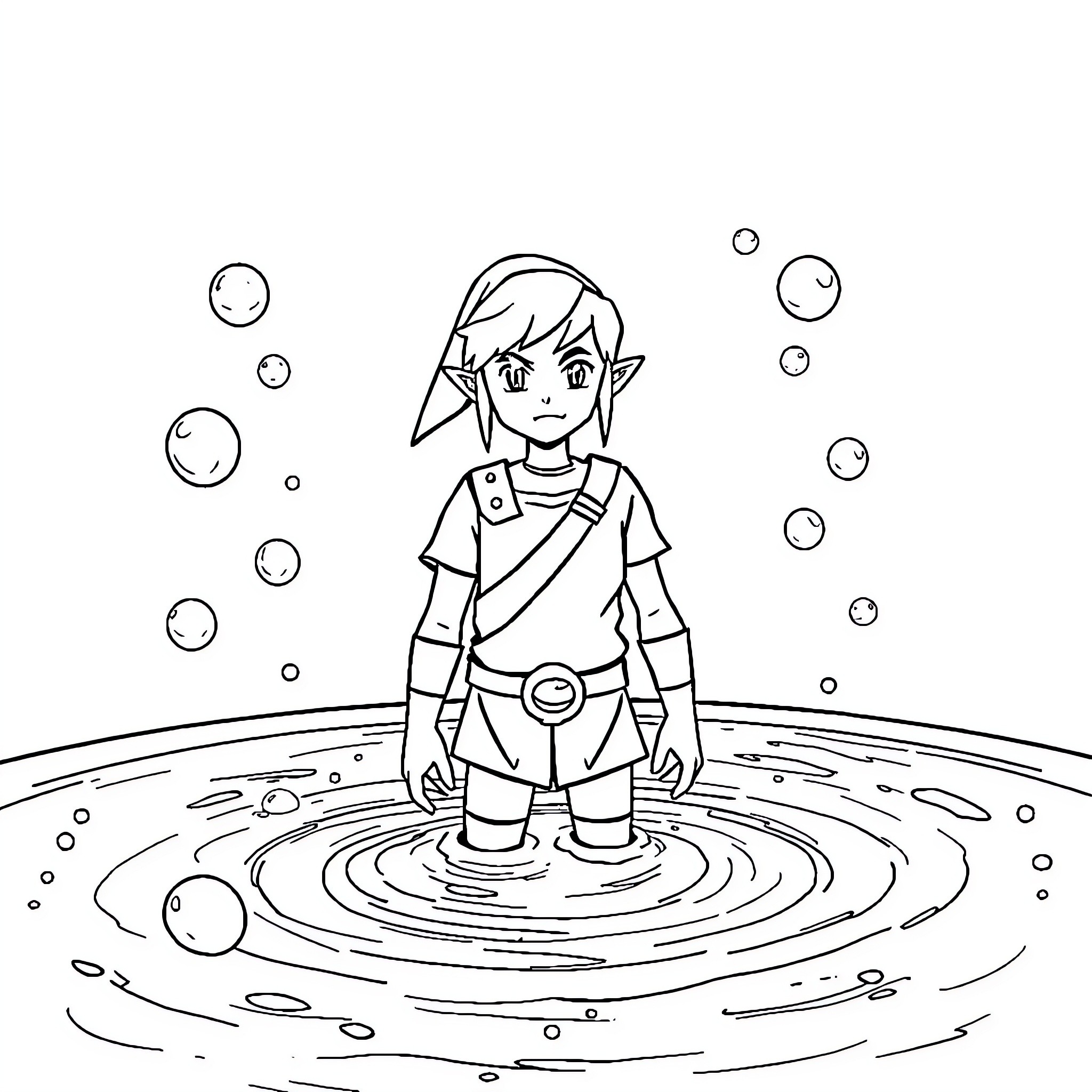 Link's Adventure in the Magical Pond Coloring Page (free black-and-white line drawing printable PDF for all, from beginners to advanced learners, including children, teens, adults, and seniors)