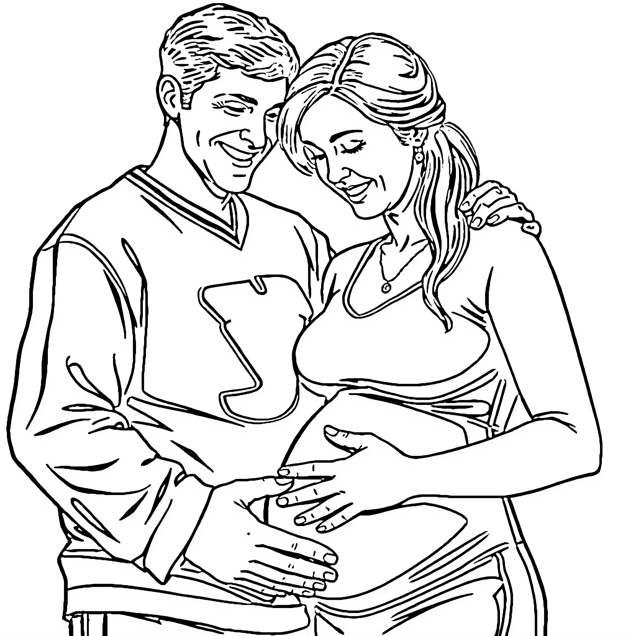 Wayne Gretzky embracing his wife in affection Coloring Page (free black-and-white line drawing printable PDF for all, from beginners to advanced learners, including children, teens, adults, and seniors)