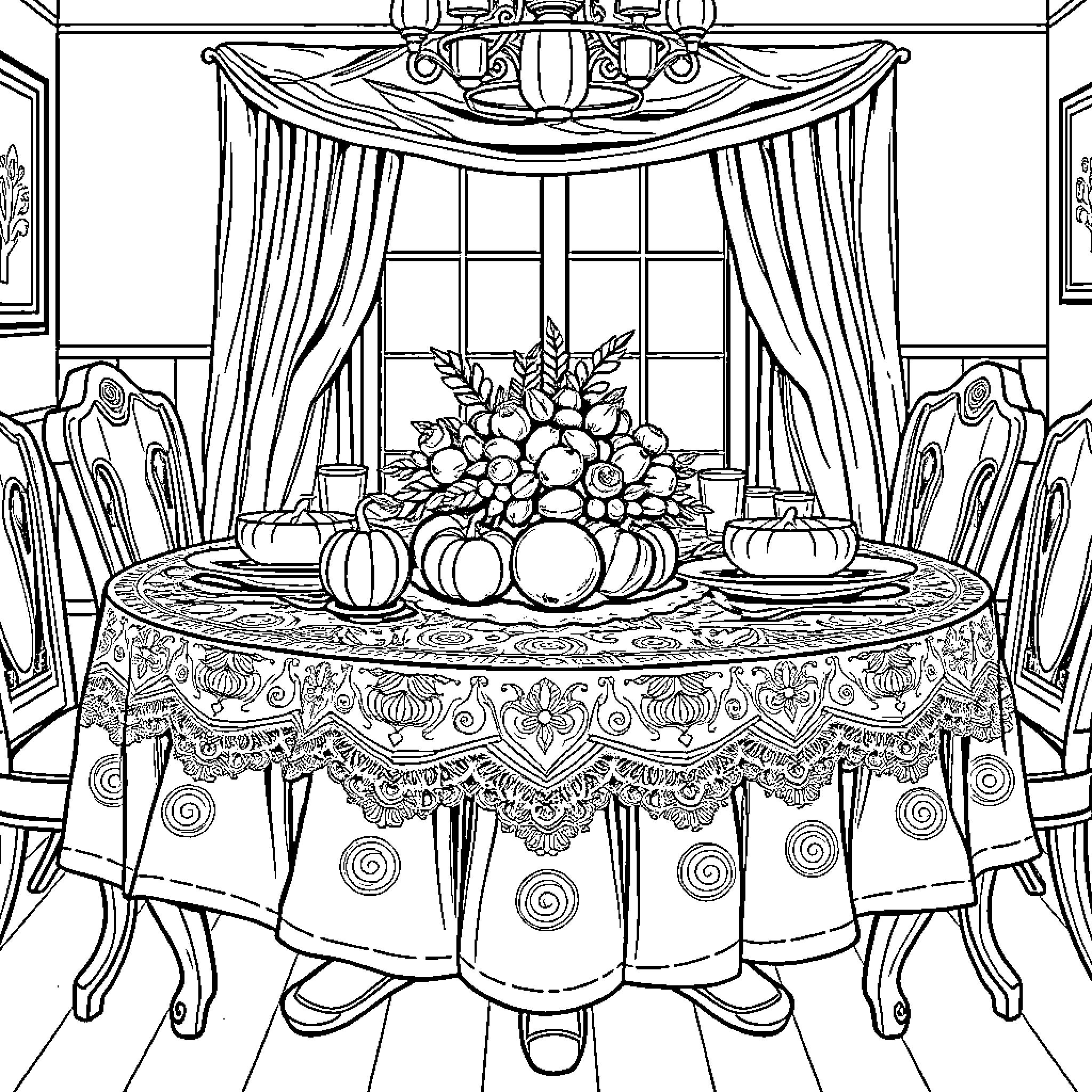 Thanksgiving Table with Elegant Decor and Bountiful Harvest Coloring Page (free black-and-white line drawing printable PDF for all, from beginners to advanced learners, including children, teens, adults, and seniors)