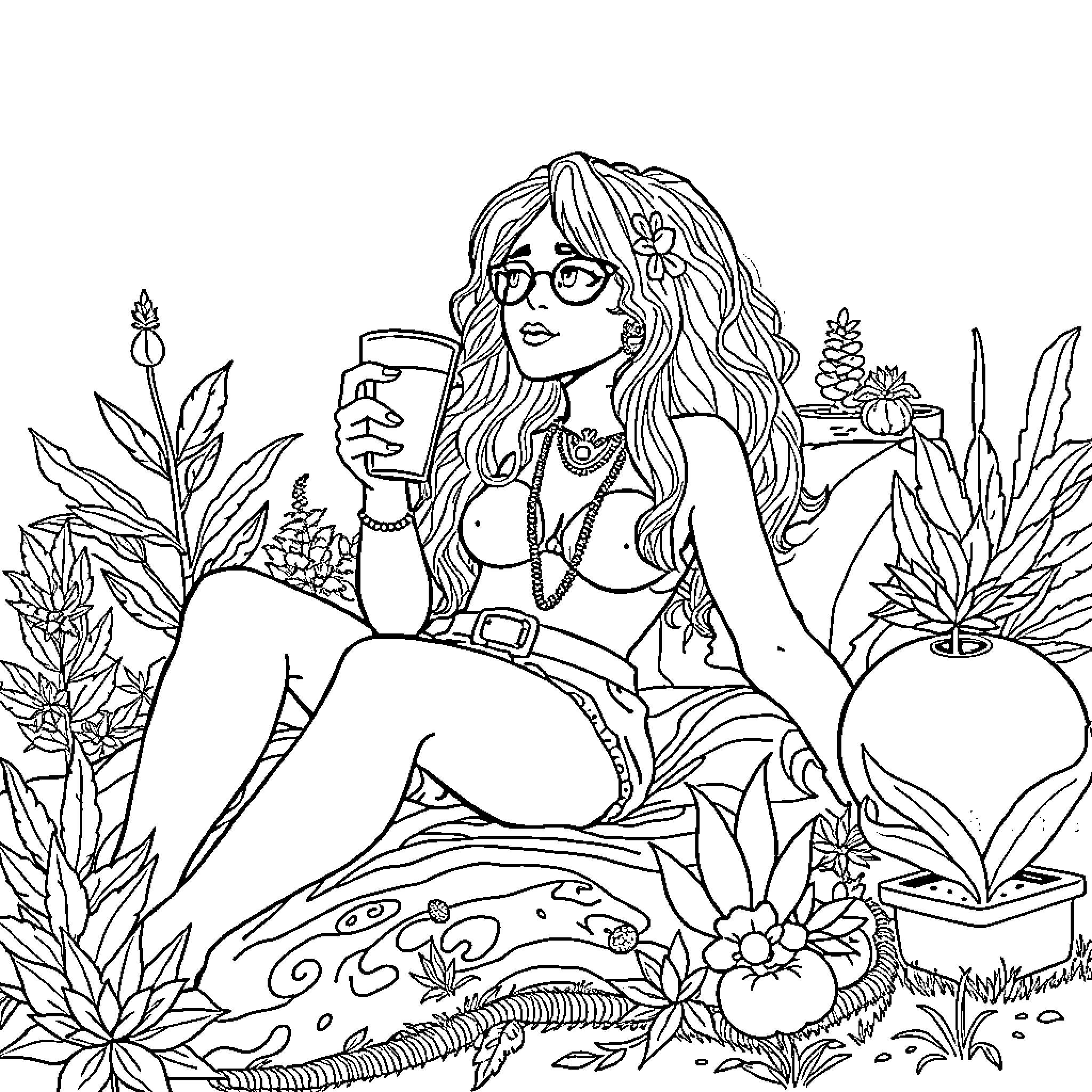 Stoner Girl Relaxing in Lush Botanical Garden Coloring Page (free black-and-white line drawing printable PDF for all, from beginners to advanced learners, including children, teens, adults, and seniors)
