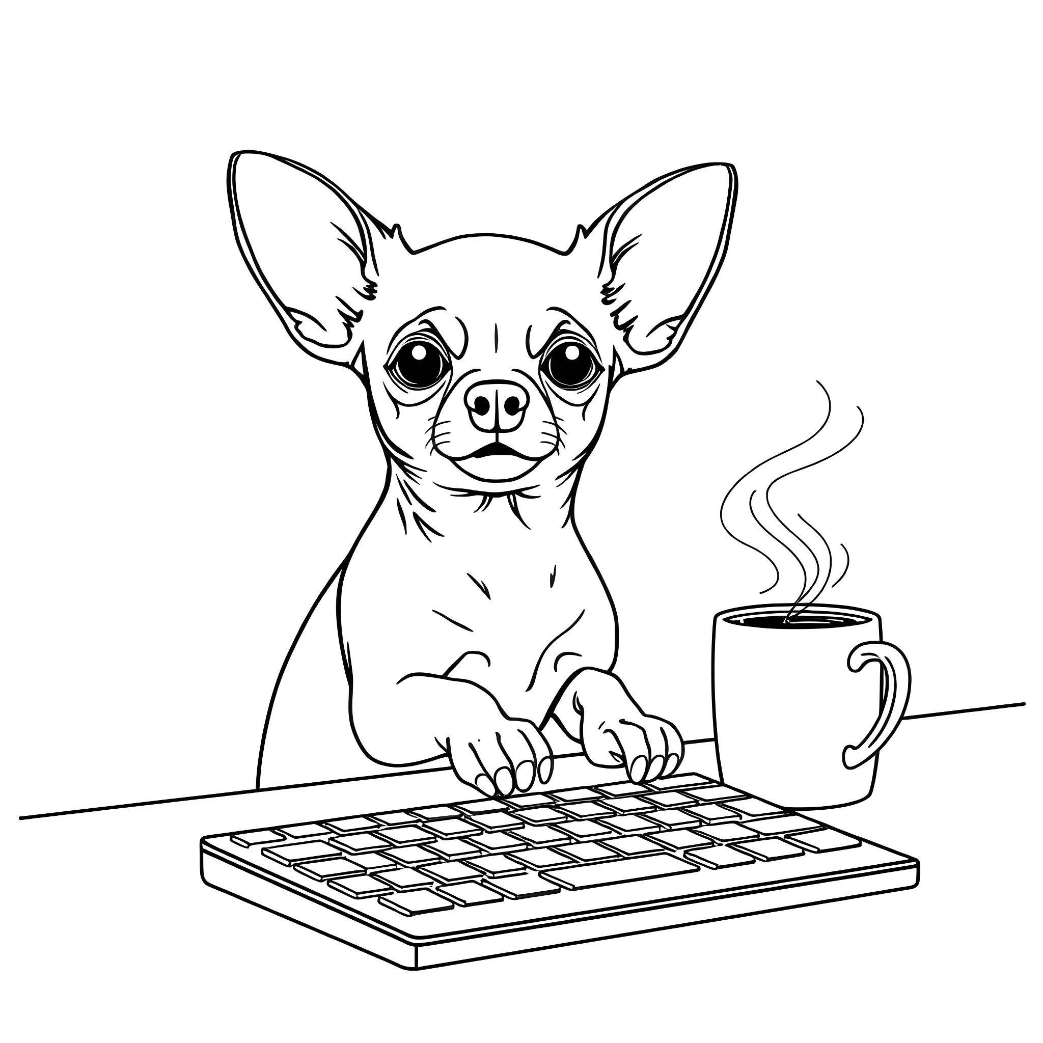 Chihuahua typing on keyboard with hot beverage Coloring Page (free black-and-white line drawing printable PDF for all, from beginners to advanced learners, including children, teens, adults, and seniors)