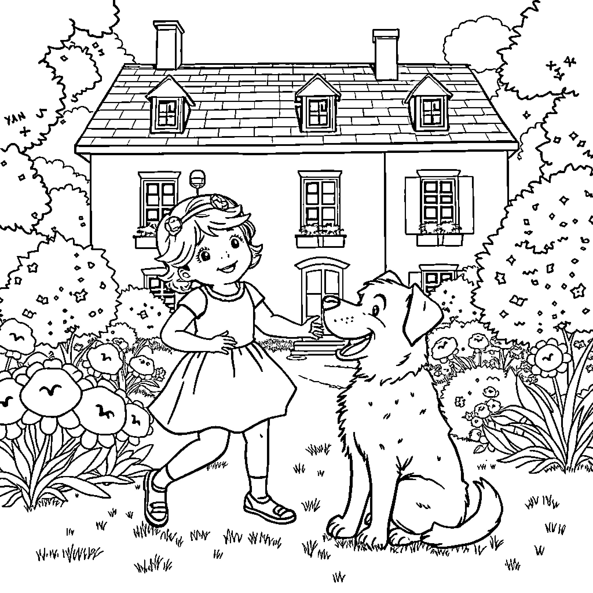 Fille playing with her dog in the garden Coloring Page (free black-and-white line drawing printable PDF for all, from beginners to advanced learners, including children, teens, adults, and seniors)