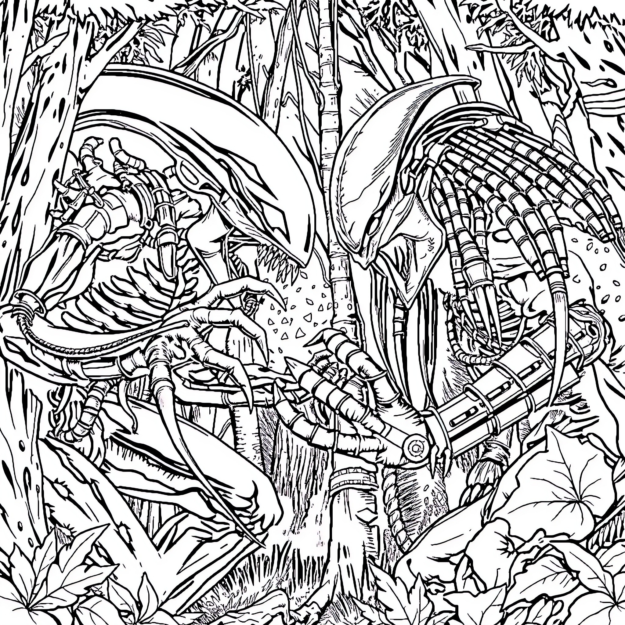 Xenomorph Stalking in Treacherous Jungle Terrain Coloring Page (free black-and-white line drawing printable PDF for all, from beginners to advanced learners, including children, teens, adults, and seniors)
