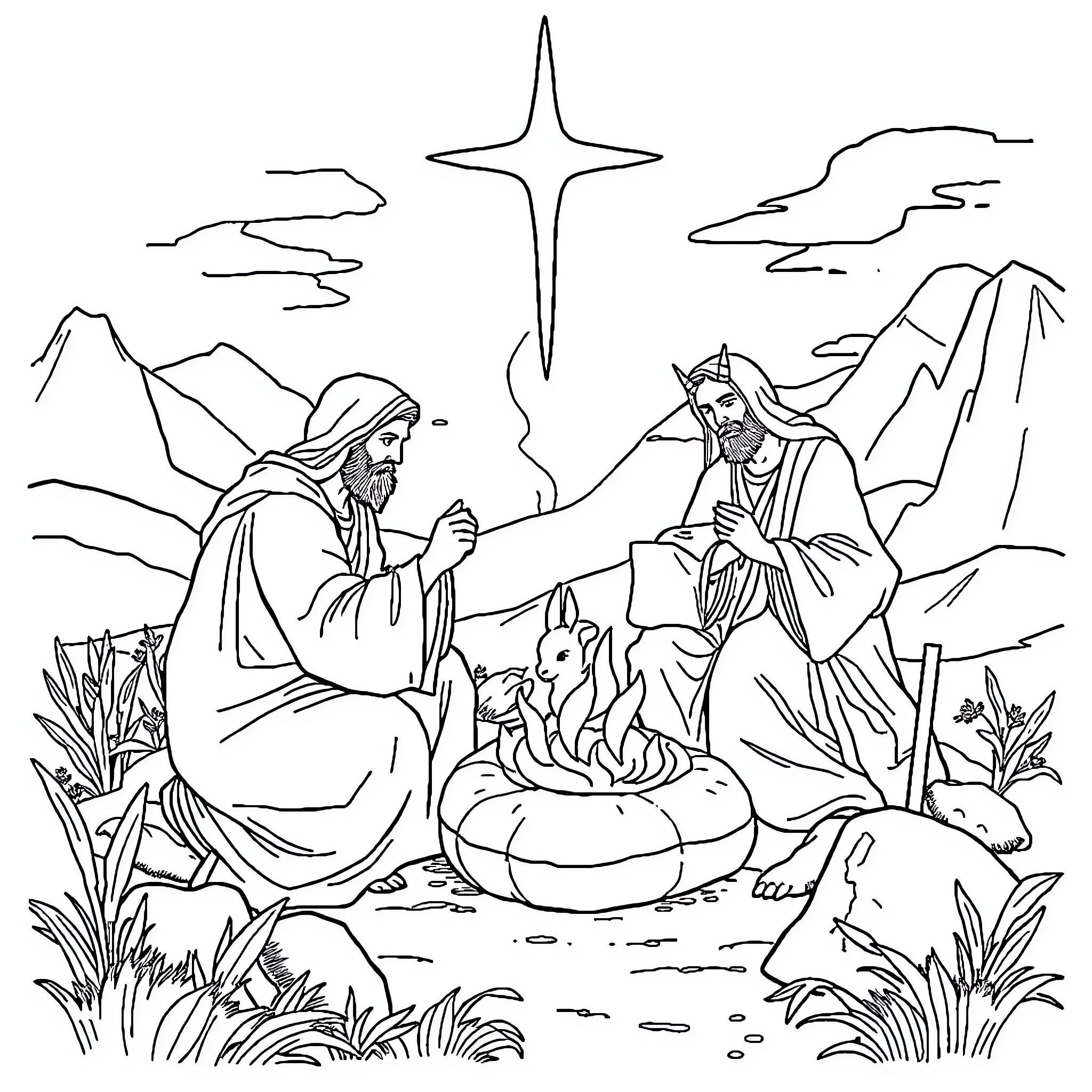 Bible scene of Jesus with animals in the wilderness Coloring Page (free black-and-white line drawing printable PDF for all, from beginners to advanced learners, including children, teens, adults, and seniors)