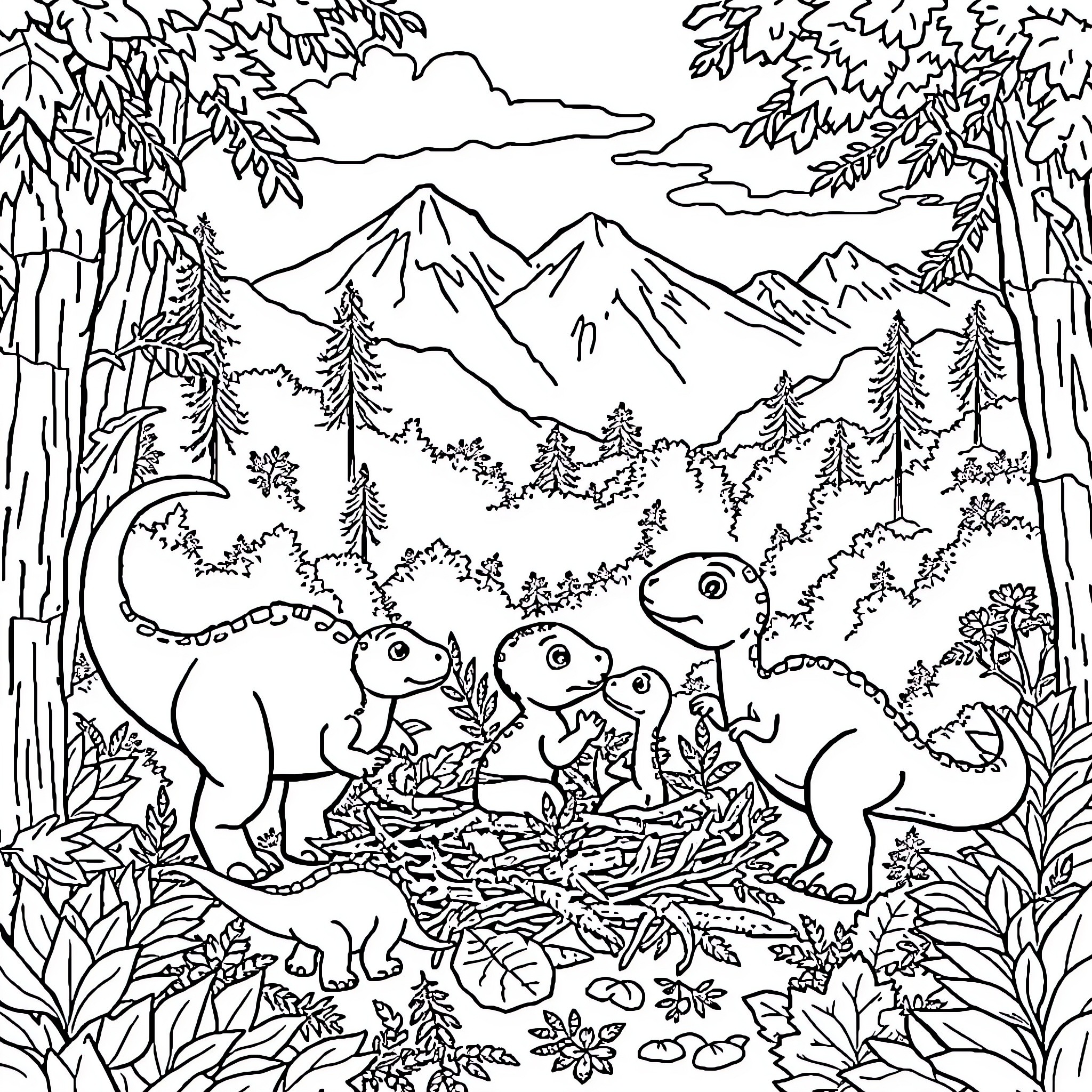Dinosaur family exploring the wilderness Coloring Page (free black-and-white line drawing printable PDF for all, from beginners to advanced learners, including children, teens, adults, and seniors)