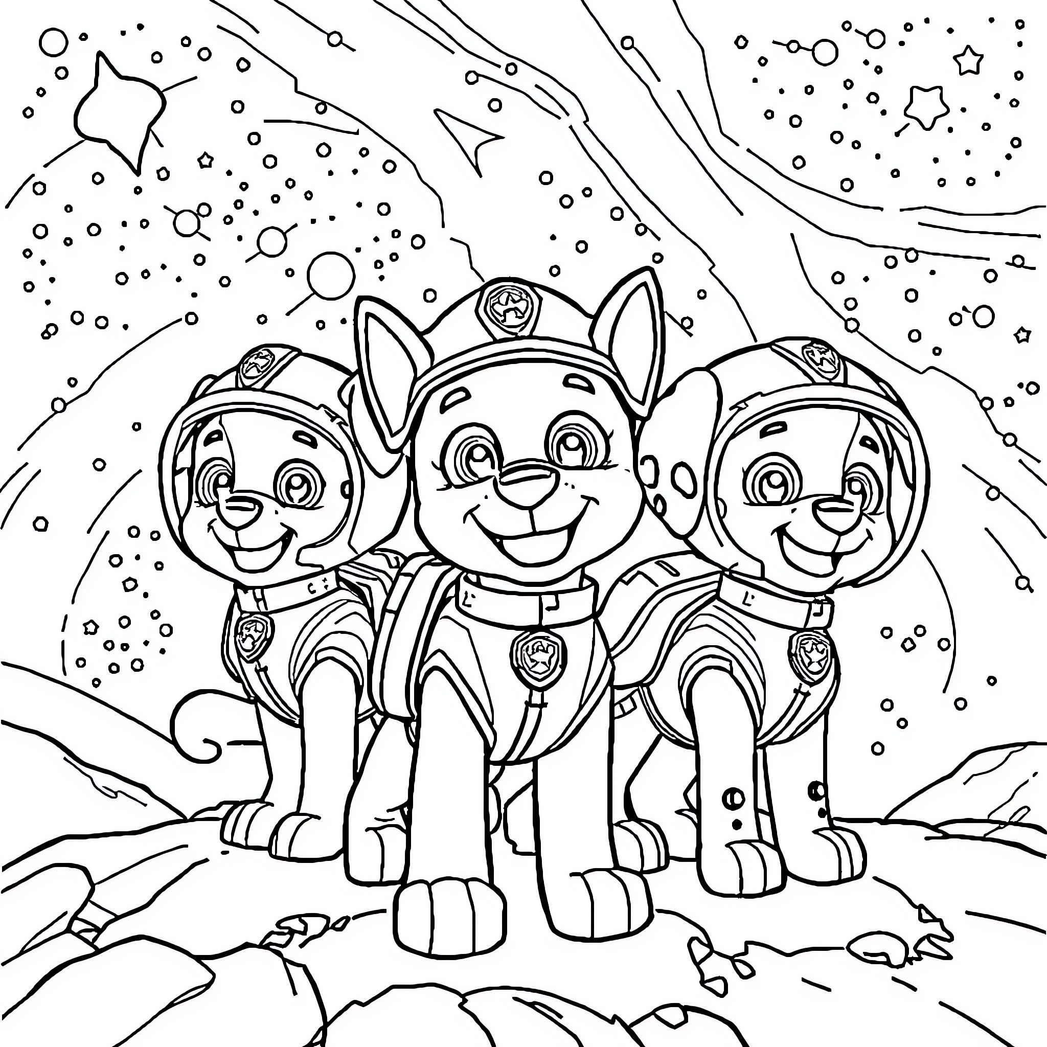 Paw Patrol Pups on Snowy Adventure Coloring Page (free black-and-white line drawing printable PDF for all, from beginners to advanced learners, including children, teens, adults, and seniors)