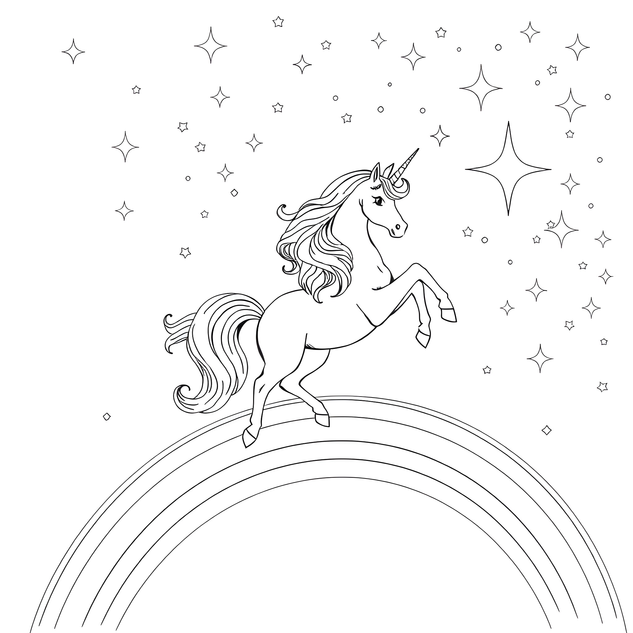 Unicorn dancing in the starry night Coloring Page (free black-and-white line drawing printable PDF for all, from beginners to advanced learners, including children, teens, adults, and seniors)