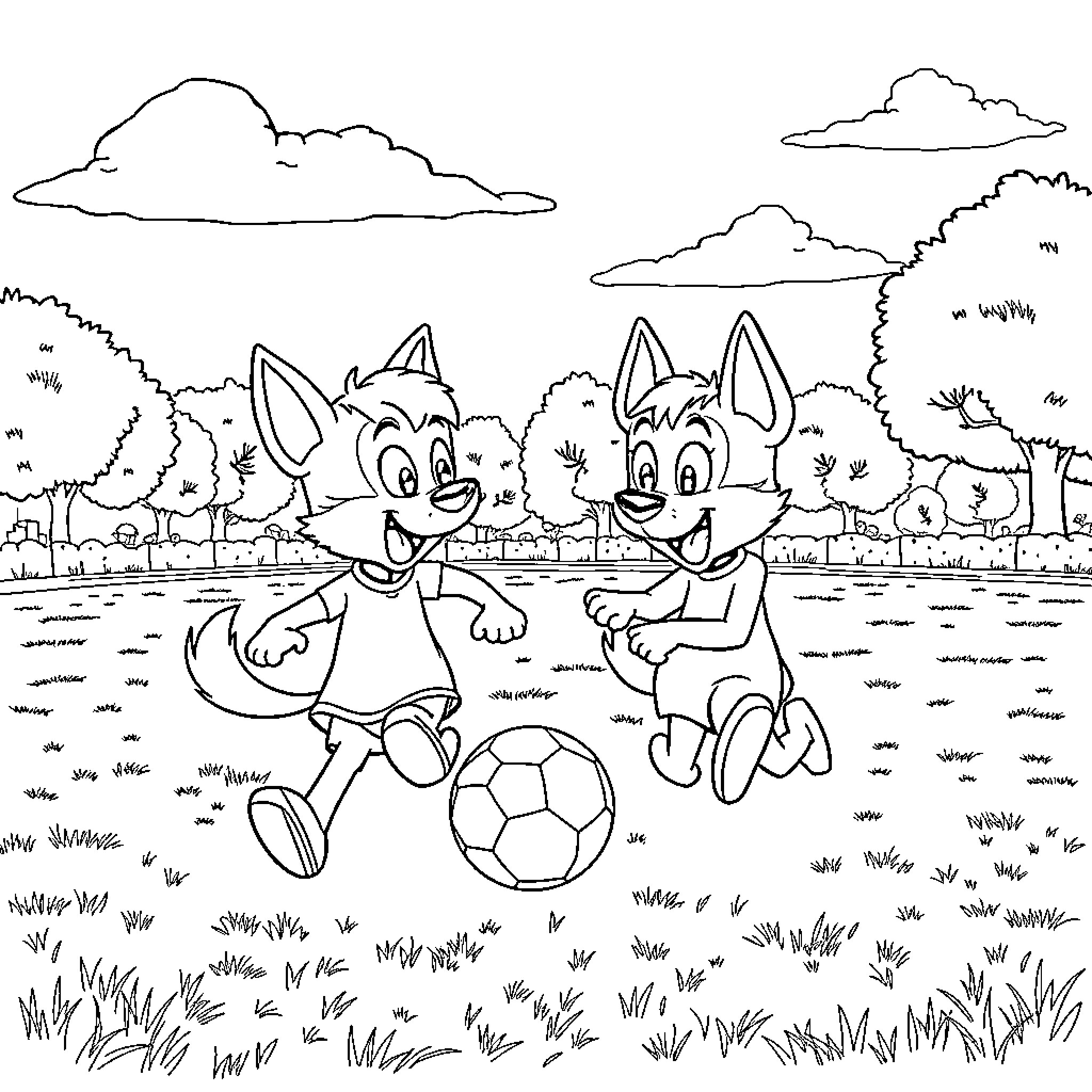 Bluey and sibling playing with soccer ball outdoors Coloring Page (free black-and-white line drawing printable PDF for all, from beginners to advanced learners, including children, teens, adults, and seniors)