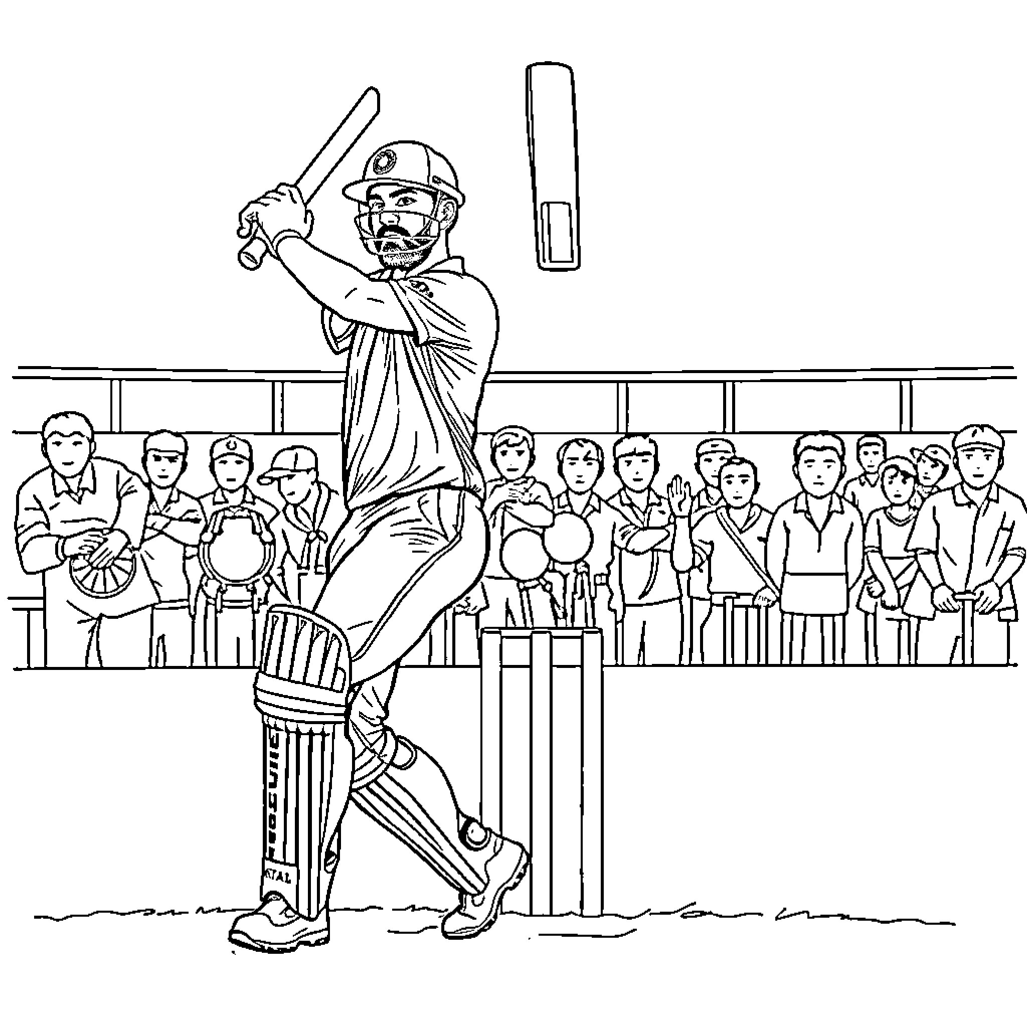 Virat Kohli batting enthusiastically on cricket pitch Coloring Page (free black-and-white line drawing printable PDF for all, from beginners to advanced learners, including children, teens, adults, and seniors)