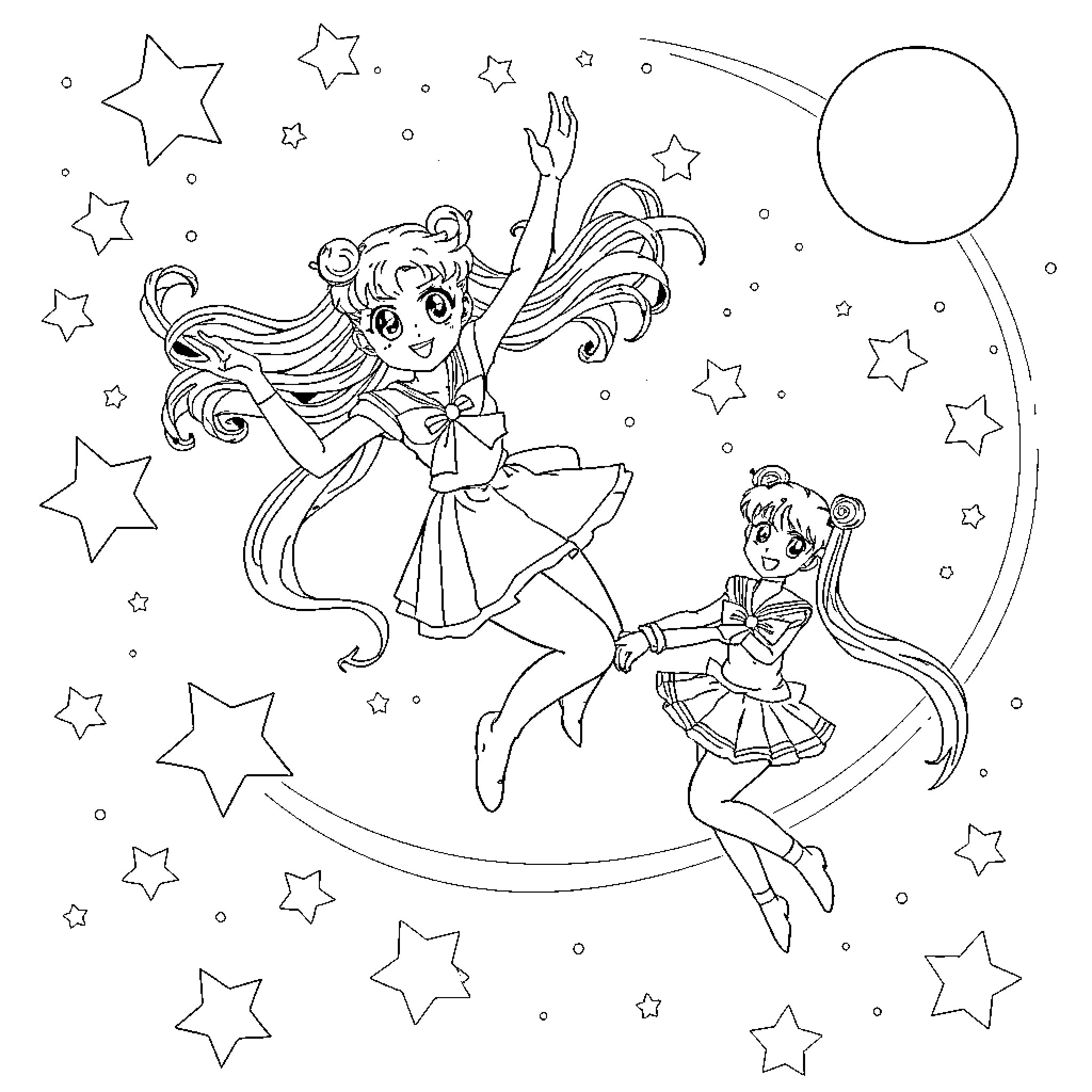 Kuromi's Celestial Adventure with Magical Friends Coloring Page (free black-and-white line drawing printable PDF for all, from beginners to advanced learners, including children, teens, adults, and seniors)