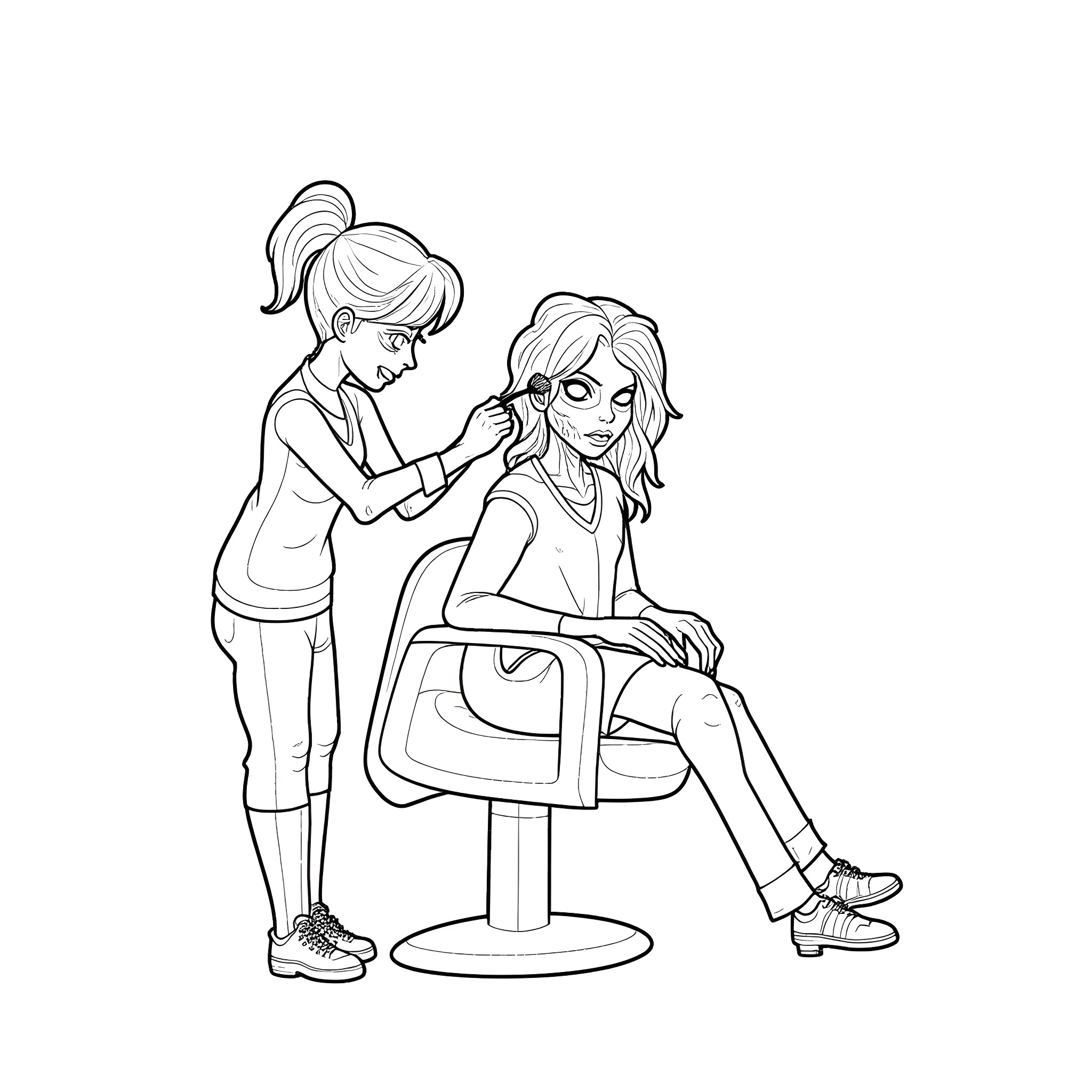 Zombie girls getting their hair and makeup done Coloring Page (free black-and-white line drawing printable PDF for all, from beginners to advanced learners, including children, teens, adults, and seniors)