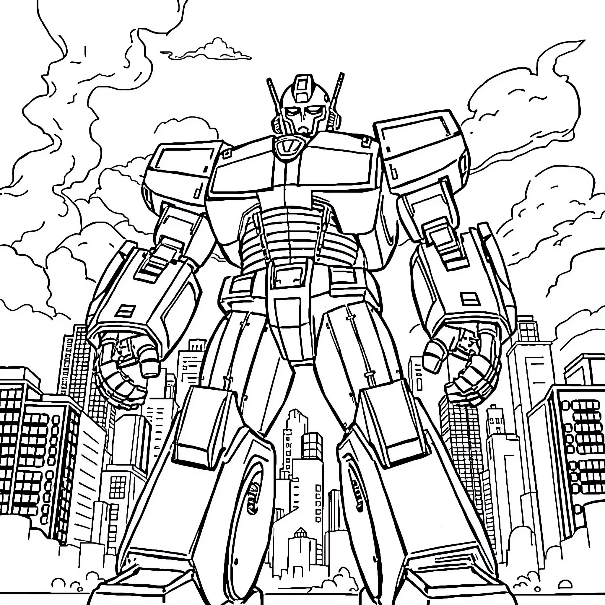 Robot Warrior Towering Over City Skyline Coloring Page (free black-and-white line drawing printable PDF for all, from beginners to advanced learners, including children, teens, adults, and seniors)