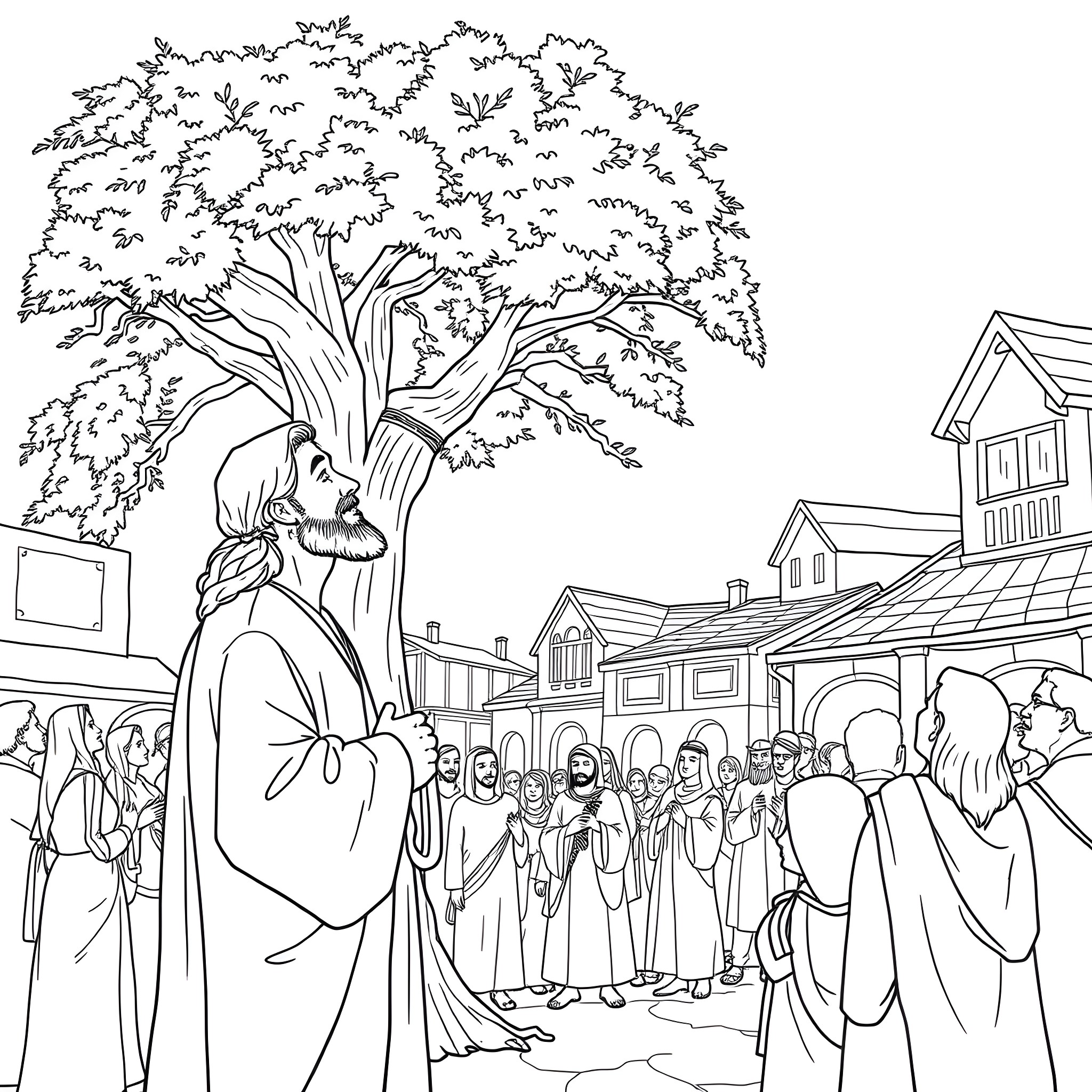 Jesus teaching the crowd in a town square Coloring Page (free black-and-white line drawing printable PDF for all, from beginners to advanced learners, including children, teens, adults, and seniors)