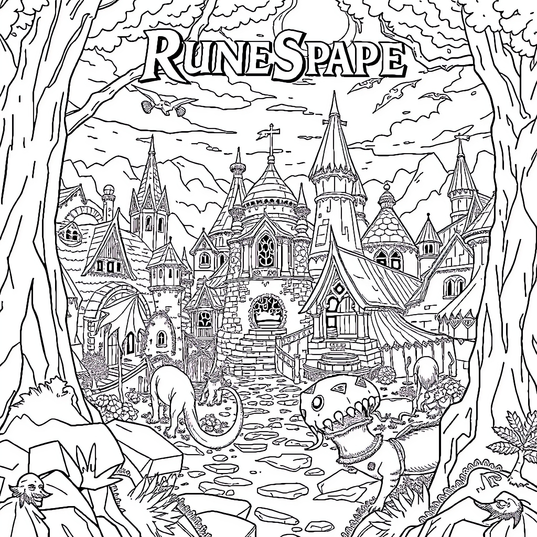 RuneScape Fantastical Castle Scene Coloring Page (free black-and-white line drawing printable PDF for all, from beginners to advanced learners, including children, teens, adults, and seniors)