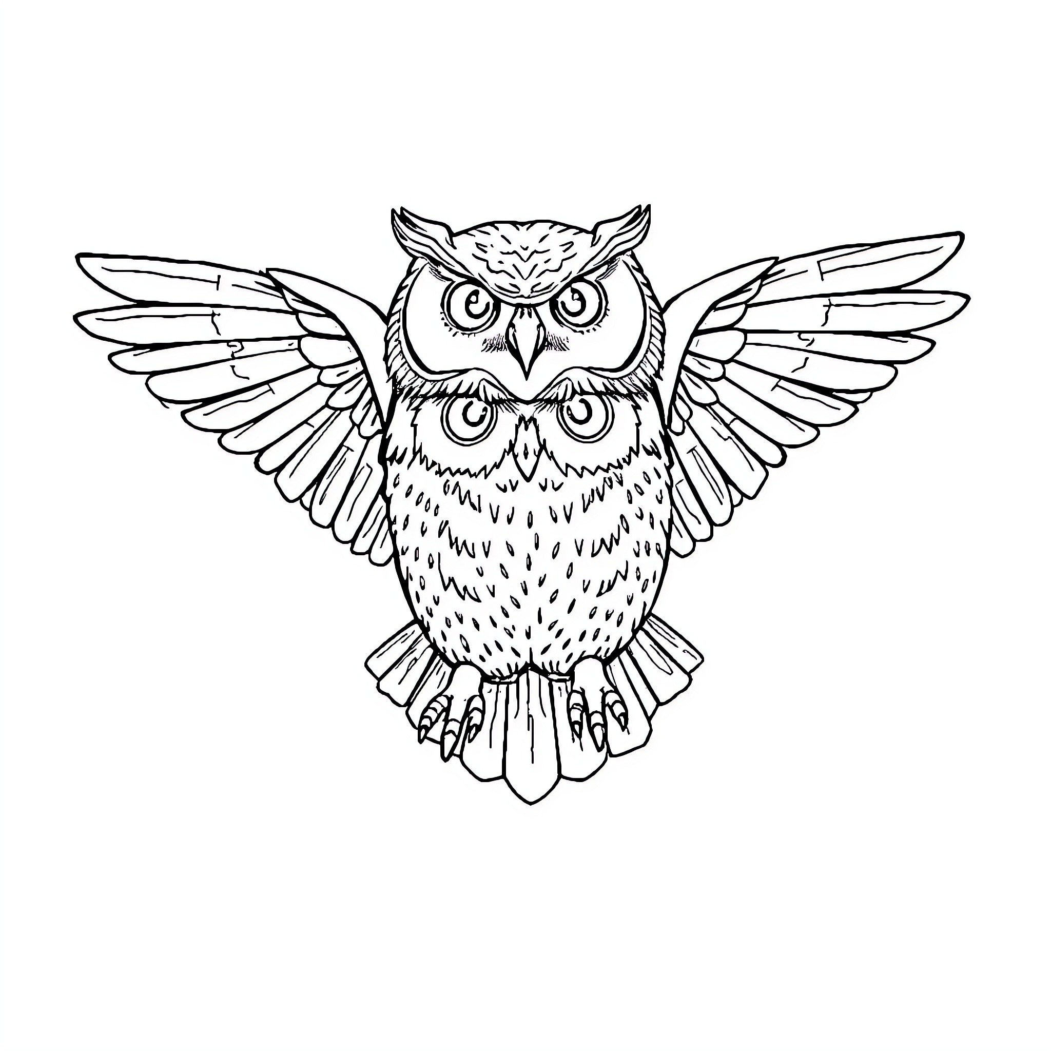 Owl spreading its wings in flight Coloring Page (free black-and-white line drawing printable PDF for all, from beginners to advanced learners, including children, teens, adults, and seniors)