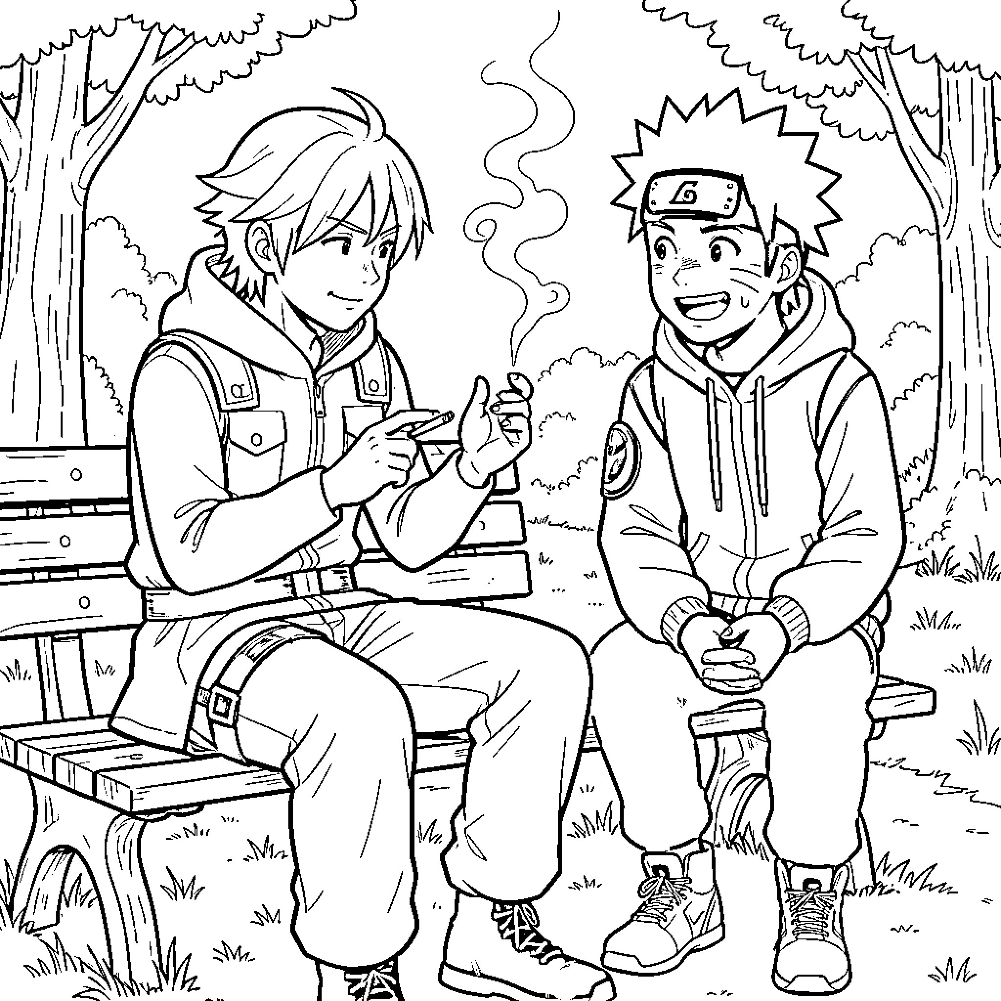 Meliodas and Naruto having a friendly conversation Coloring Page (free black-and-white line drawing printable PDF for all, from beginners to advanced learners, including children, teens, adults, and seniors)