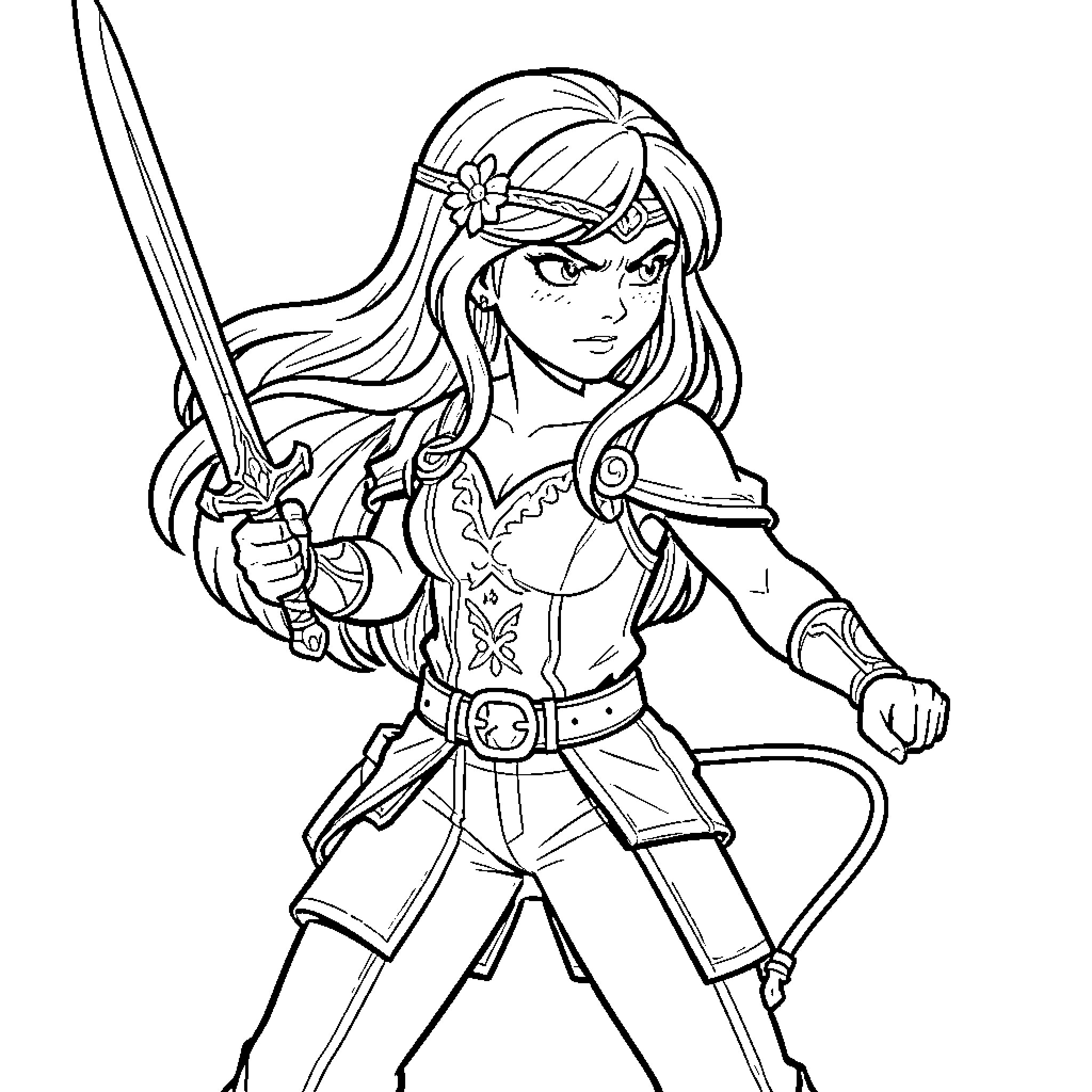 Evie holding a sword with a determined expression Coloring Page (free black-and-white line drawing printable PDF for all, from beginners to advanced learners, including children, teens, adults, and seniors)