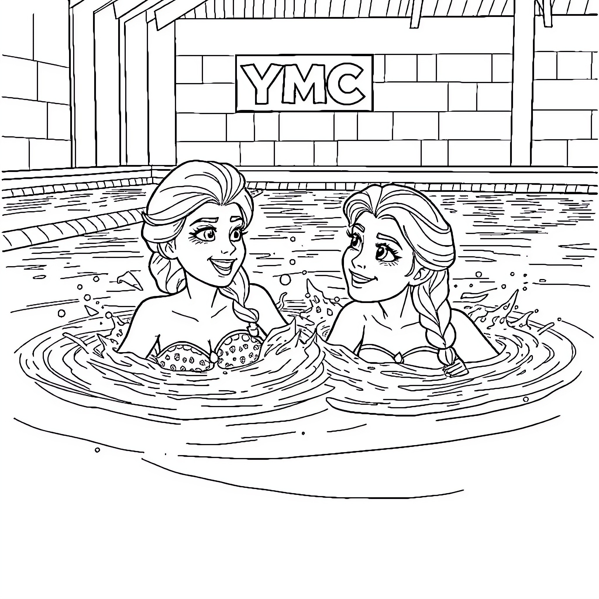 Elsa and Anna enjoying the pool at YMCA Coloring Page (free black-and-white line drawing printable PDF for all, from beginners to advanced learners, including children, teens, adults, and seniors)