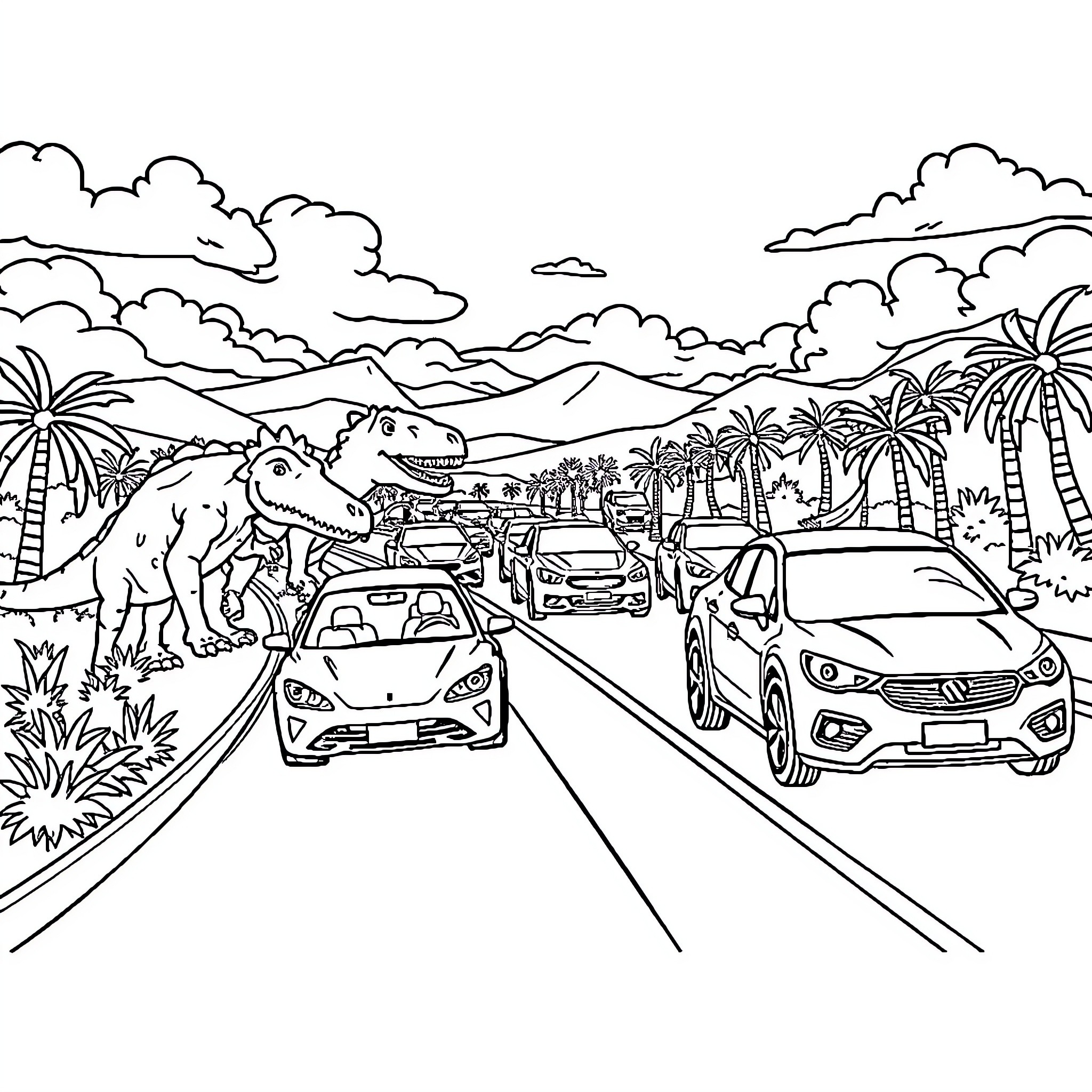 Car traffic on tropical road with dinosaurs Coloring Page (free black-and-white line drawing printable PDF for all, from beginners to advanced learners, including children, teens, adults, and seniors)