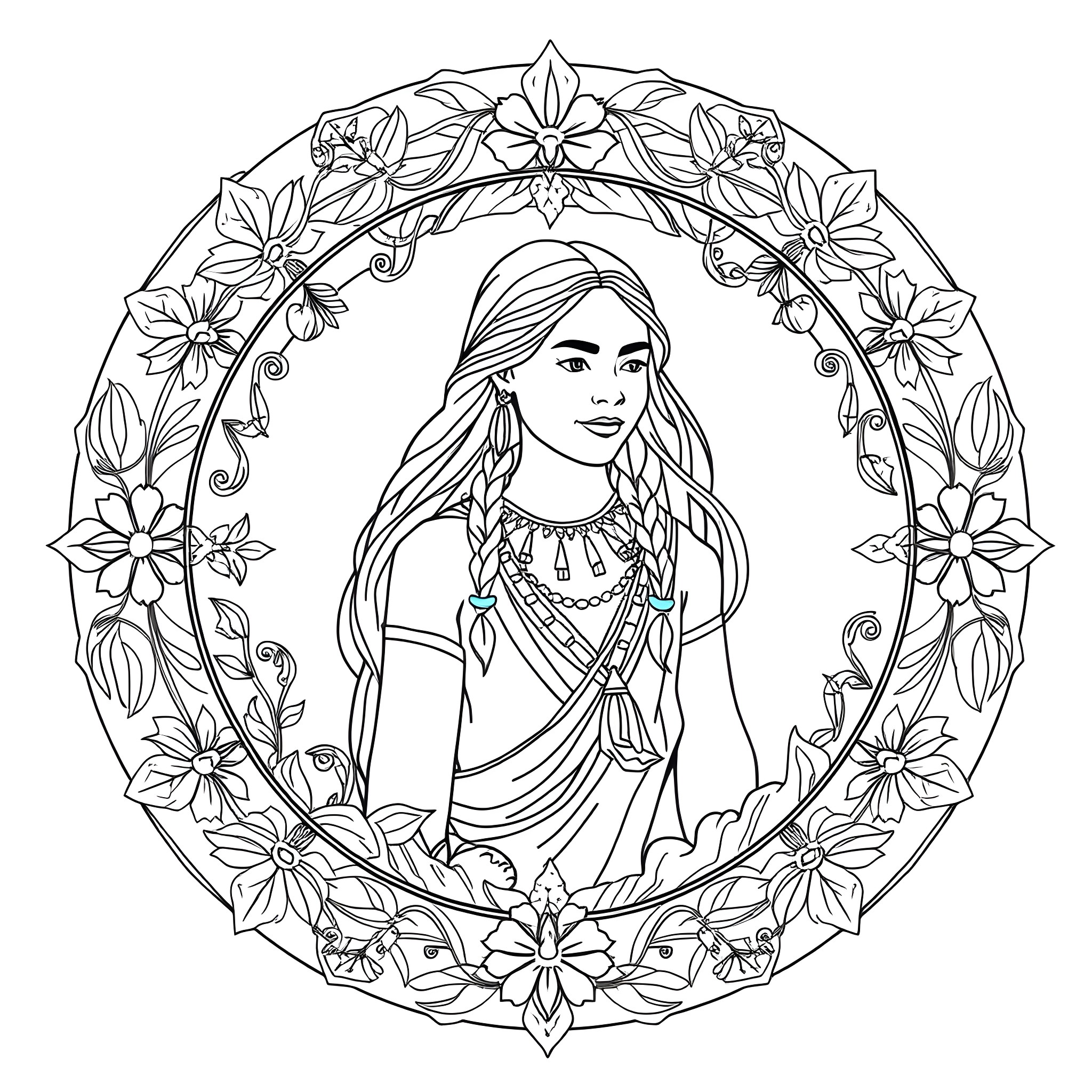Pocahontas in a floral frame with ornate designs Coloring Page (free black-and-white line drawing printable PDF for all, from beginners to advanced learners, including children, teens, adults, and seniors)