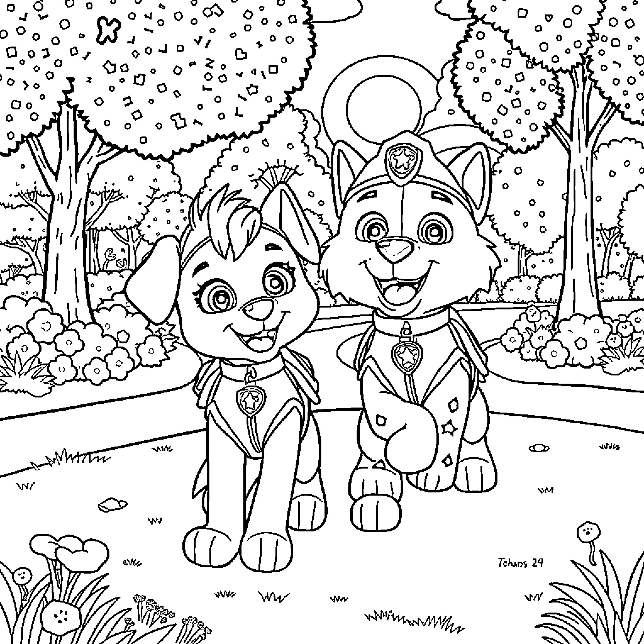 Paw Patrol characters in a nature setting Coloring Page (free black-and-white line drawing printable PDF for all, from beginners to advanced learners, including children, teens, adults, and seniors)