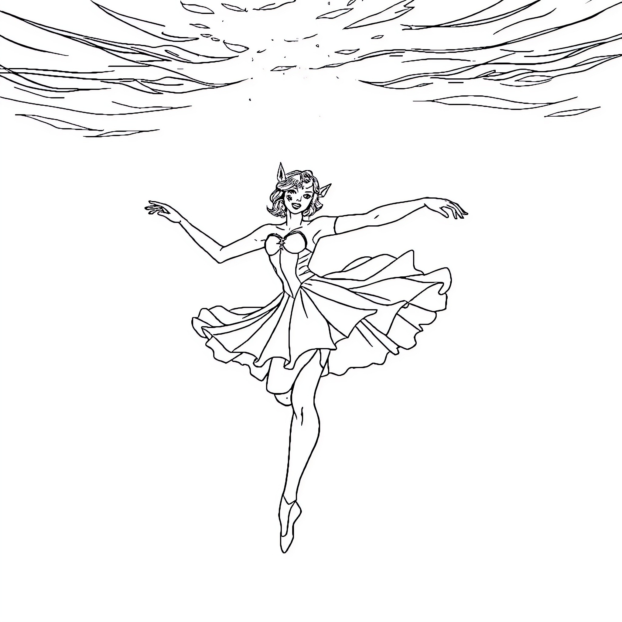 Transformer ballerina dancing gracefully in the wind Coloring Page (free black-and-white line drawing printable PDF for all, from beginners to advanced learners, including children, teens, adults, and seniors)
