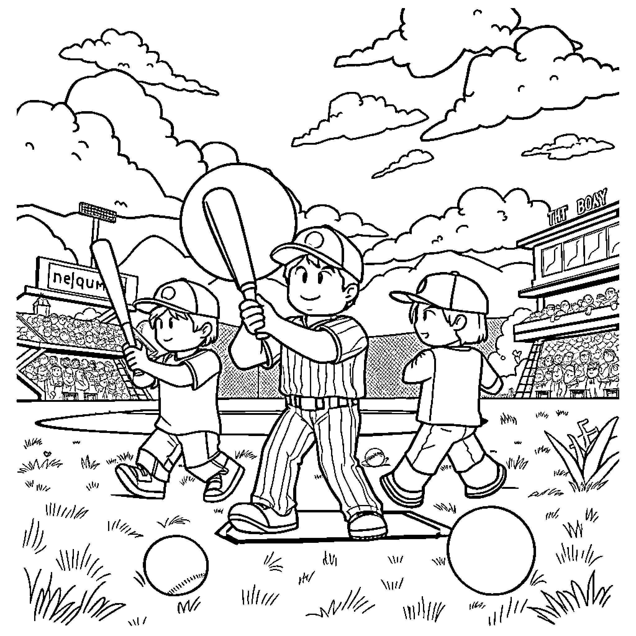 Roblox players in a baseball game scene Coloring Page (free black-and-white line drawing printable PDF for all, from beginners to advanced learners, including children, teens, adults, and seniors)