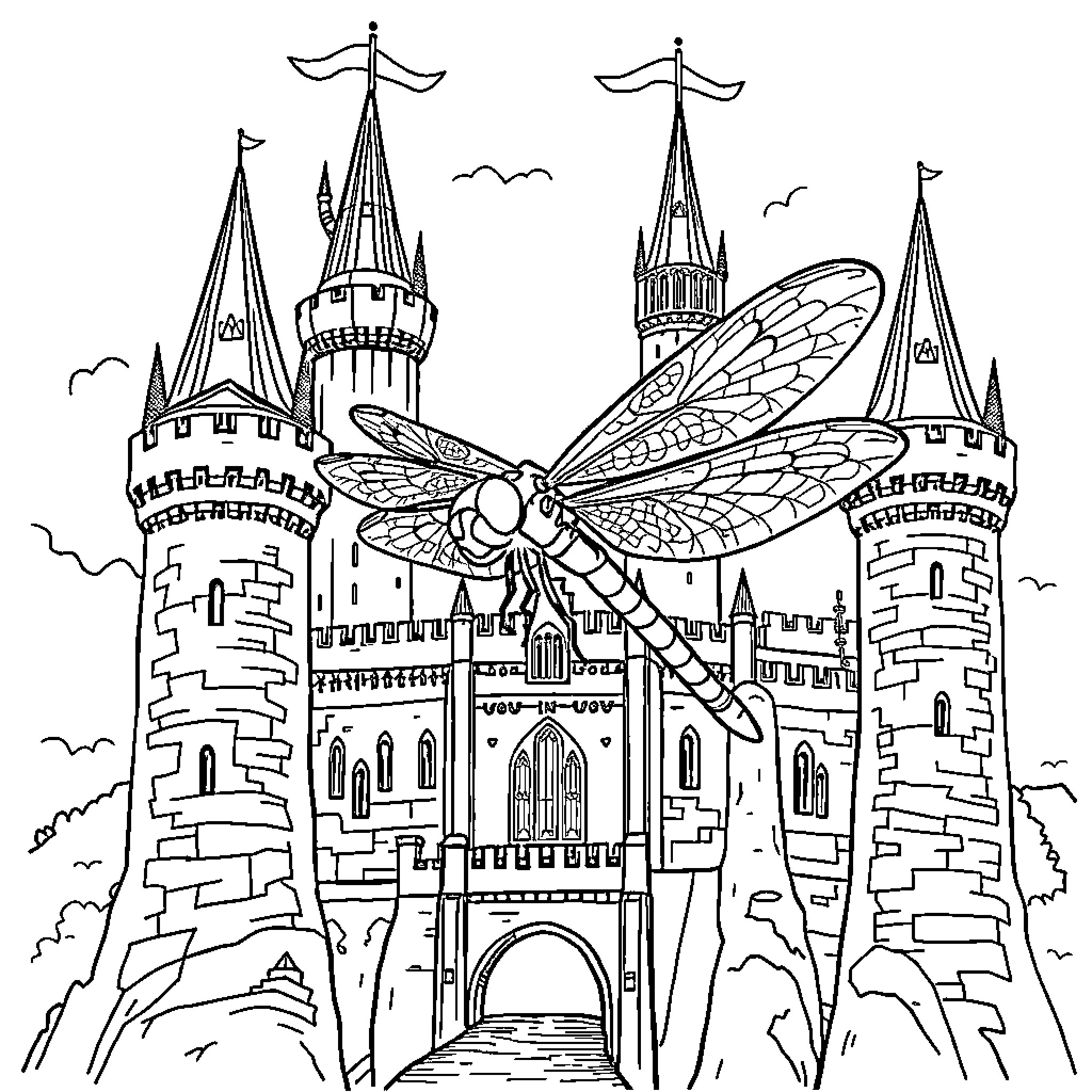Dragonfly soaring over a majestic castle Coloring Page (free black-and-white line drawing printable PDF for all, from beginners to advanced learners, including children, teens, adults, and seniors)