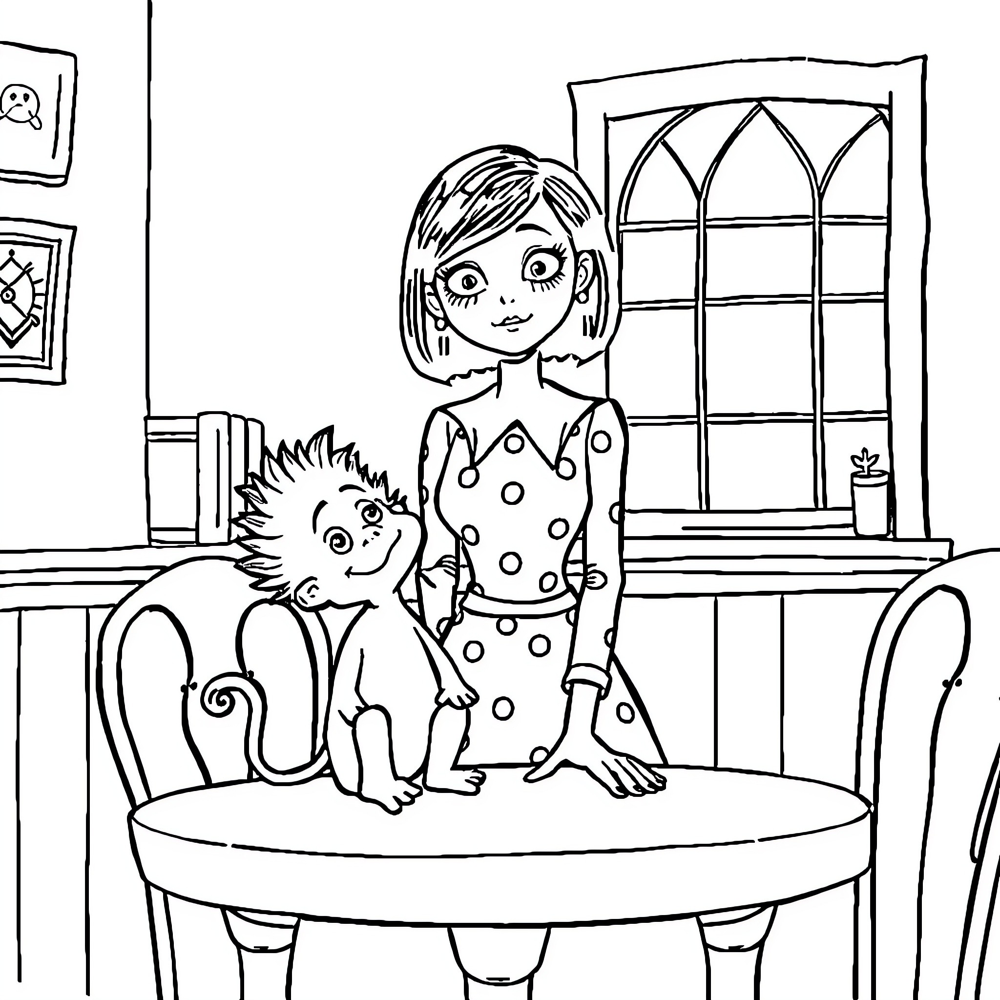 Wednesday Addams and Lurch explore the unusual Coloring Page (free black-and-white line drawing printable PDF for all, from beginners to advanced learners, including children, teens, adults, and seniors)