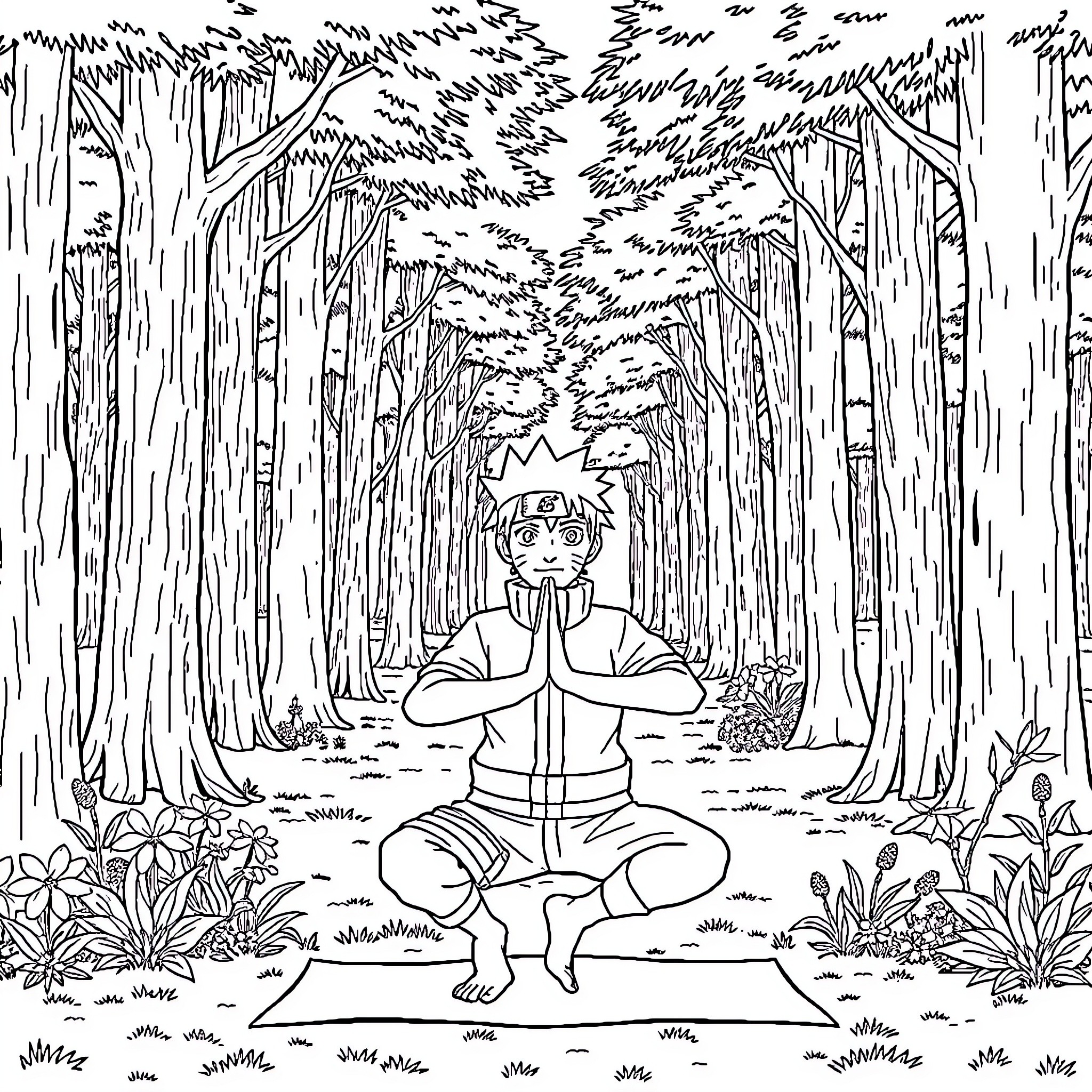 Naruto meditating in the tranquil forest Coloring Page (free black-and-white line drawing printable PDF for all, from beginners to advanced learners, including children, teens, adults, and seniors)