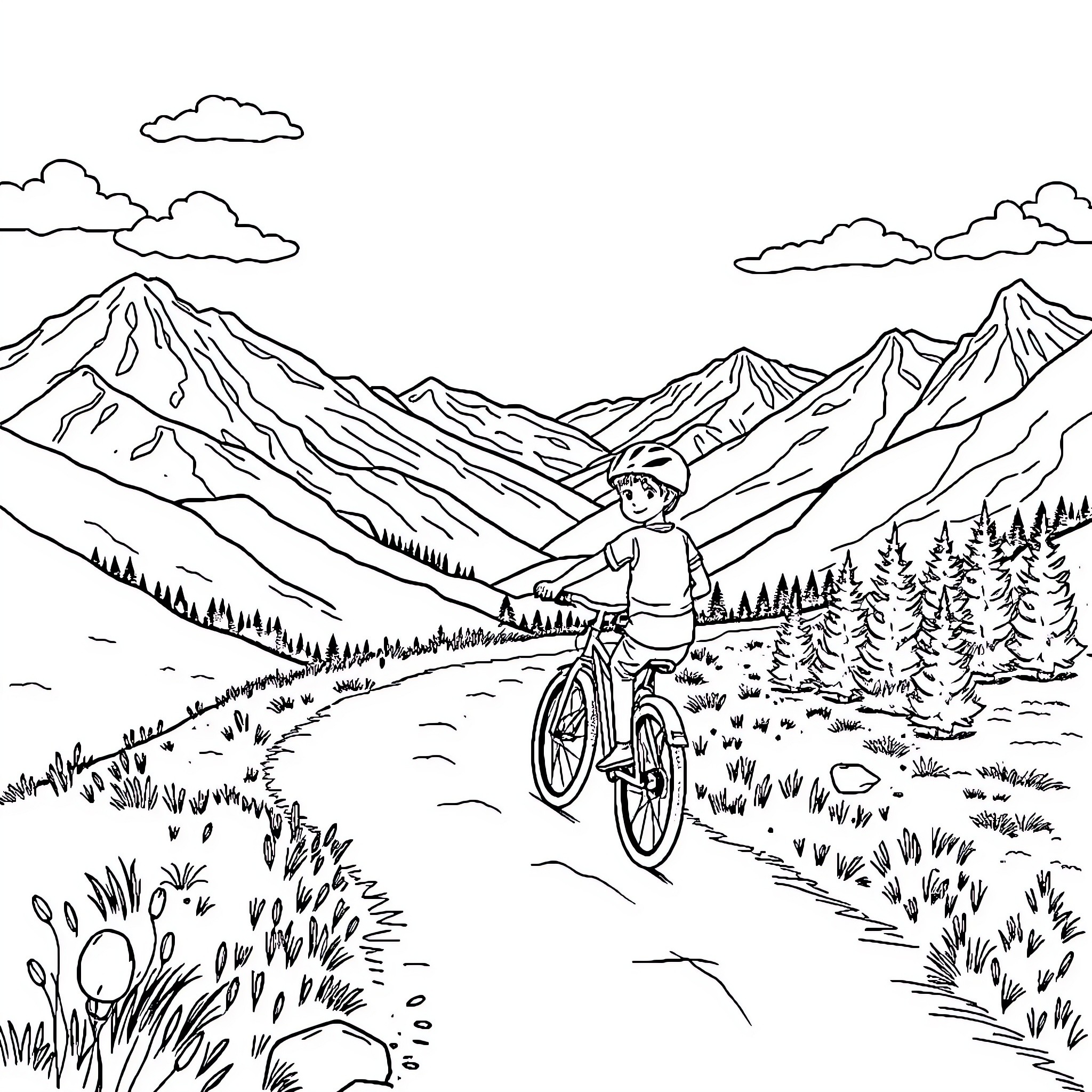 Boy exploring mountain trails on his bicycle Coloring Page (free black-and-white line drawing printable PDF for all, from beginners to advanced learners, including children, teens, adults, and seniors)
