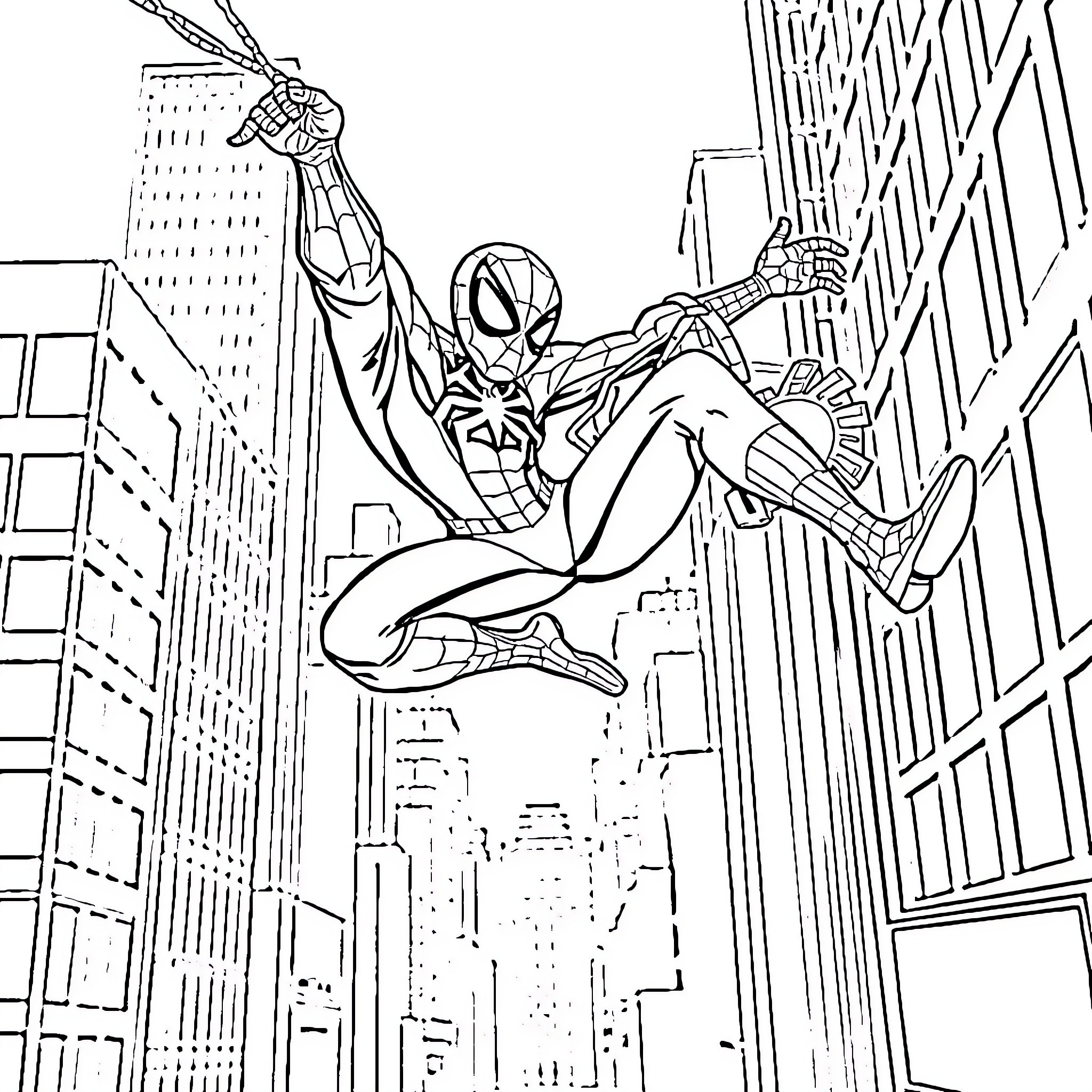 Spiderman swinging through the city skyline Coloring Page (free black-and-white line drawing printable PDF for all, from beginners to advanced learners, including children, teens, adults, and seniors)