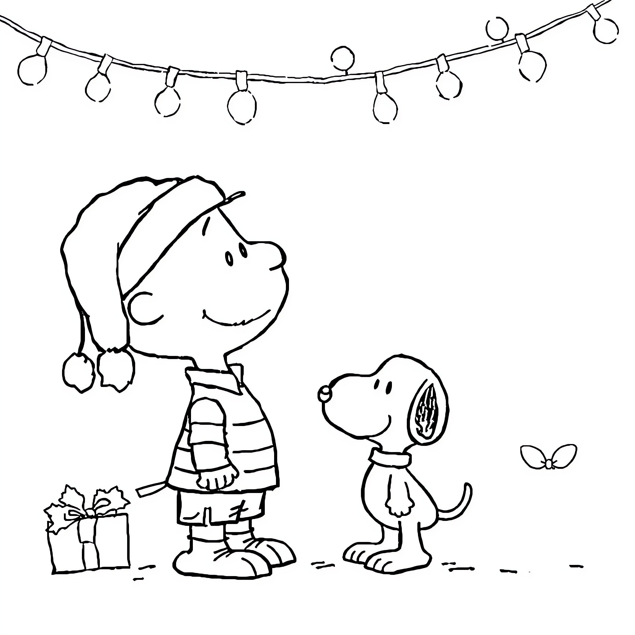 Snoopy and Woodstock celebrate the holidays Coloring Page (free black-and-white line drawing printable PDF for all, from beginners to advanced learners, including children, teens, adults, and seniors)