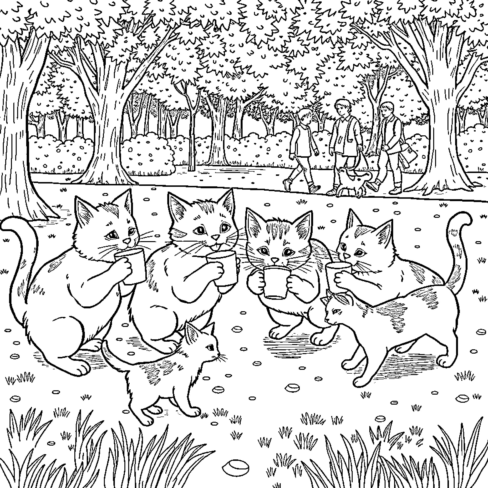 Cats Exploring the Enchanting Forest Coloring Page (free black-and-white line drawing printable PDF for all, from beginners to advanced learners, including children, teens, adults, and seniors)