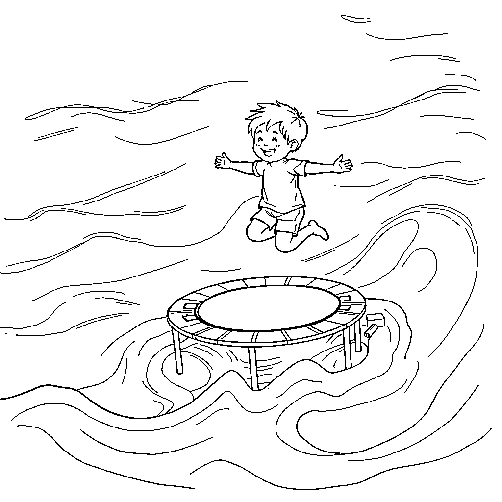 Spring joy on the trampoline Coloring Page (free black-and-white line drawing printable PDF for all, from beginners to advanced learners, including children, teens, adults, and seniors)