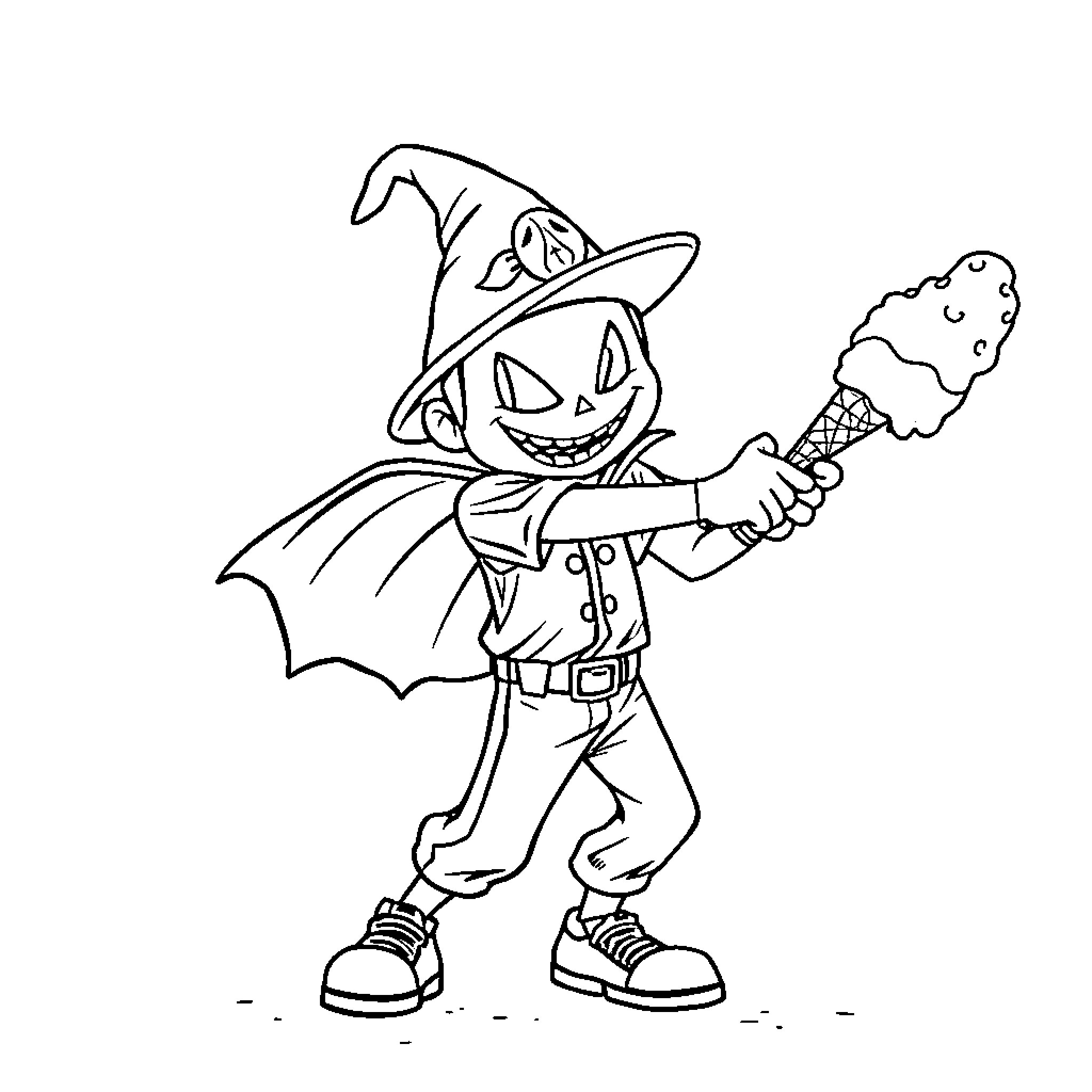 Baseball Player Dressed as Witch Holding Ice Cream Coloring Page (free black-and-white line drawing printable PDF for all, from beginners to advanced learners, including children, teens, adults, and seniors)